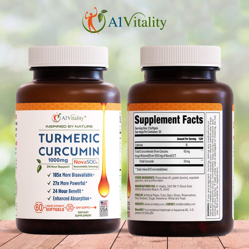 A1Vitality NovaSOL Turmeric Curcumin 1000mg – Clinically Proven 185x Higher Absorption – Promotes Joint Comfort, Mobility & Overall Wellness – Non-GMO, Doctor Formulated, 60 Softgels.