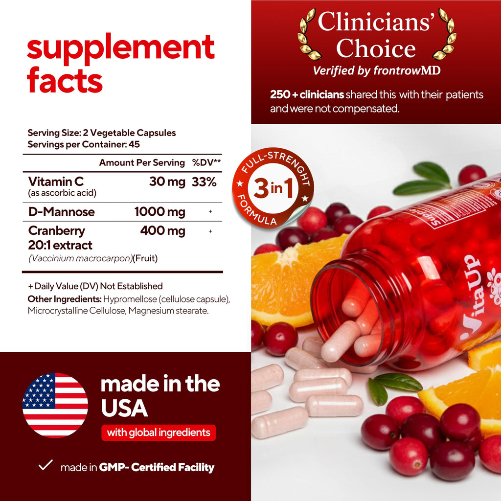 VitaUp D-Mannose & Cranberry Supplement for Women – USA Made Cranberry, Vitamin C & D-Mannose Supplement – Cranberry Capsules for Women for Urinary Tract & Bladder Support – 90 Vegan Capsules