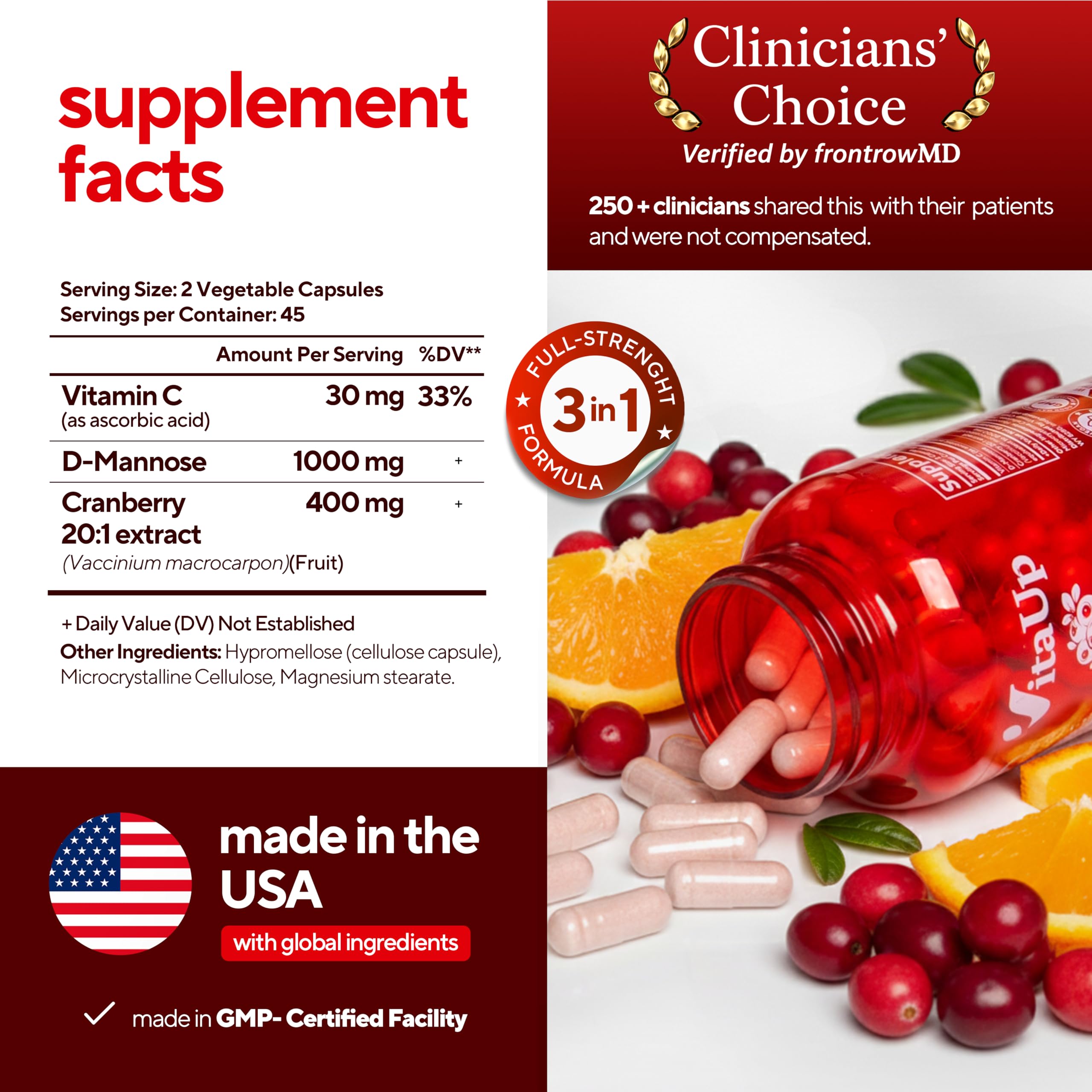 VitaUp D-Mannose & Cranberry Supplement for Women – USA Made Cranberry, Vitamin C & D-Mannose Supplement – Cranberry Capsules for Women for Urinary Tract & Bladder Support – 90 Vegan Capsules