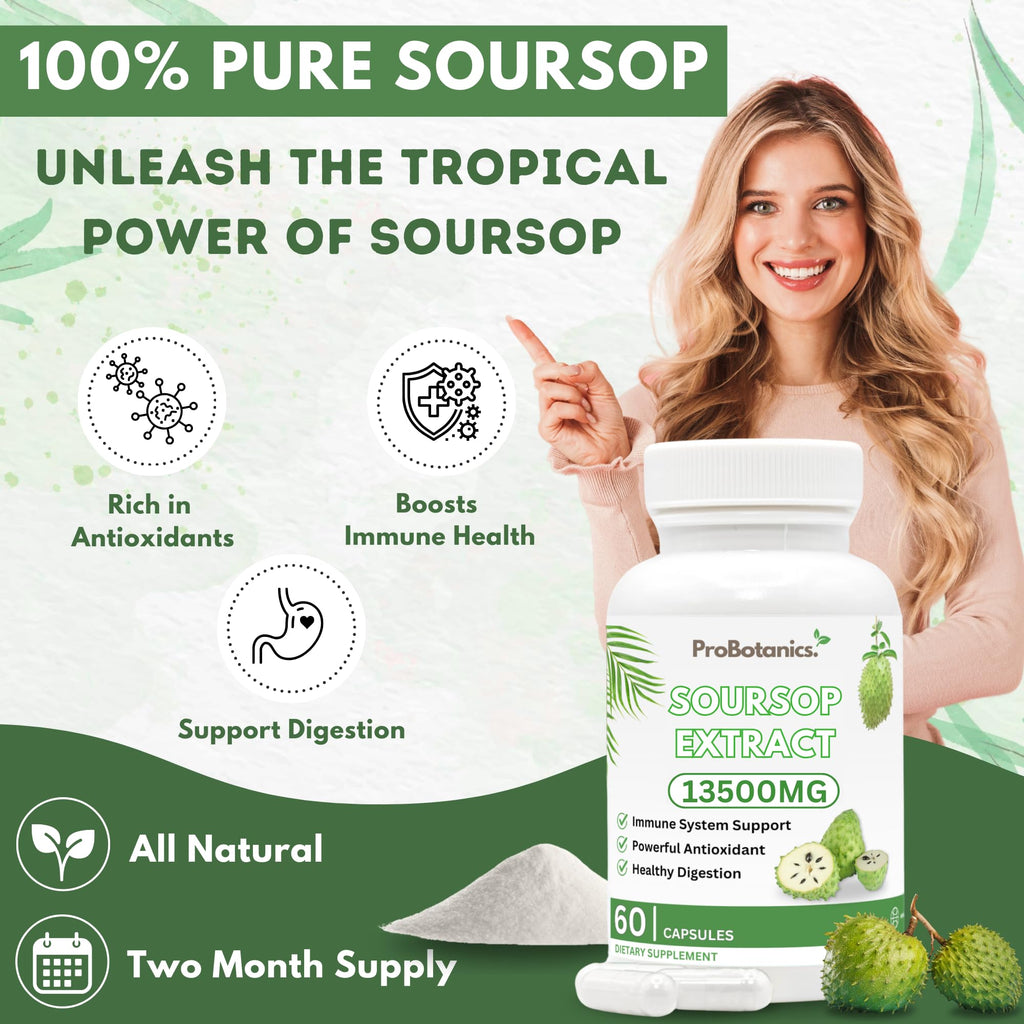 ProBotanics Organic Soursop for Cell Support & Regeneration | High Strength 450mg 30:1 Extract Equiv. to 13500mg Extract Per Serving | Powerful Antioxidant and Immune Support - 60 Capsules