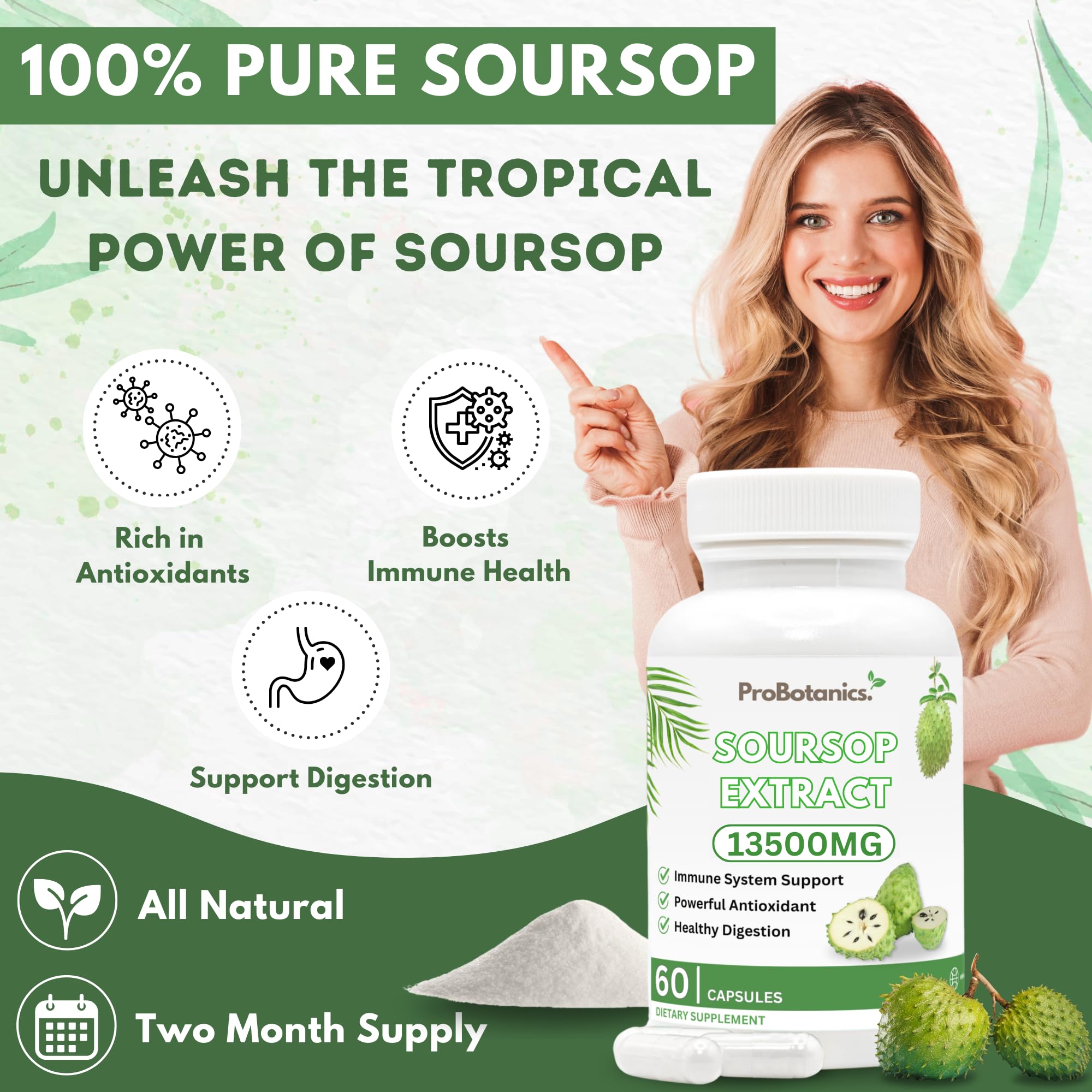 ProBotanics Organic Soursop for Cell Support & Regeneration | High Strength 450mg 30:1 Extract Equiv. to 13500mg Extract Per Serving | Powerful Antioxidant and Immune Support - 60 Capsules