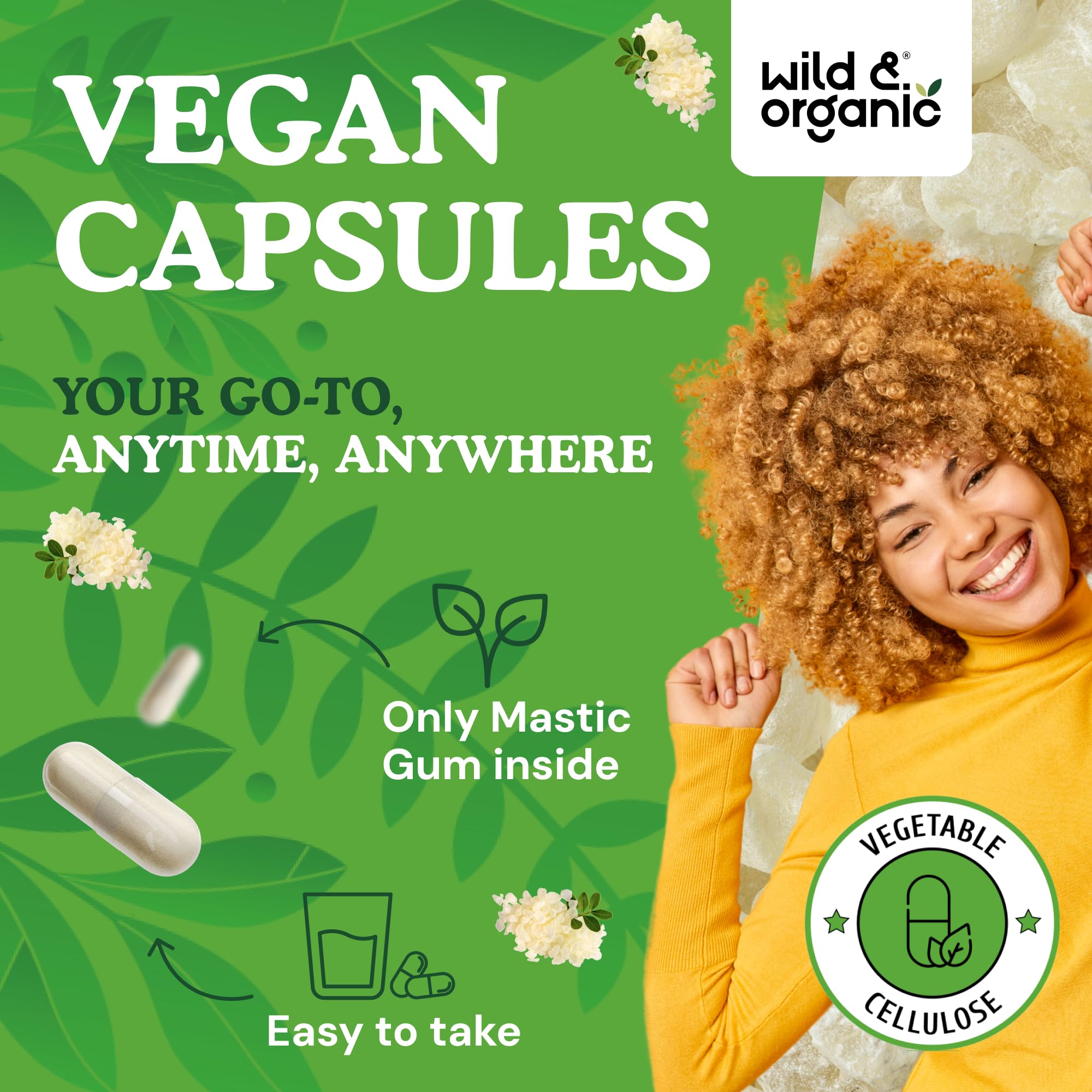 Wild & Organic Mastic Gum Capsules - 1000 mg Mastic Gum Supplement for Gut Support - 45 Days of Supply - 90 Vegan Resin Capsules - No Fillers, Non-GMO, Gluten-Free