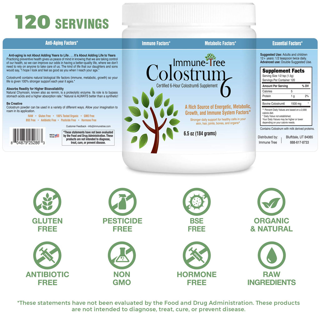 Immune-Tree 100% Bovine Colostrum Powder, 120 Servings, 6.5oz, Supports Anti-Aging, Healthy Immune System, Gut & Digestion, Muscle & Tissue, & Wellness, Made in USA from Grass Fed, Grade A Dairy Cows