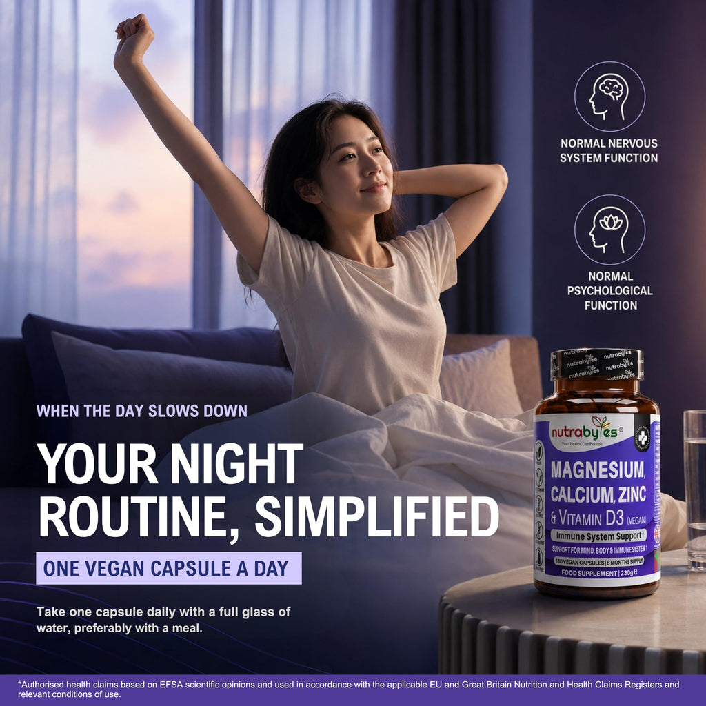 Magnesium, Calcium, Zinc, Vitamin D3 | 180 Vegan Capsules | Made in UK