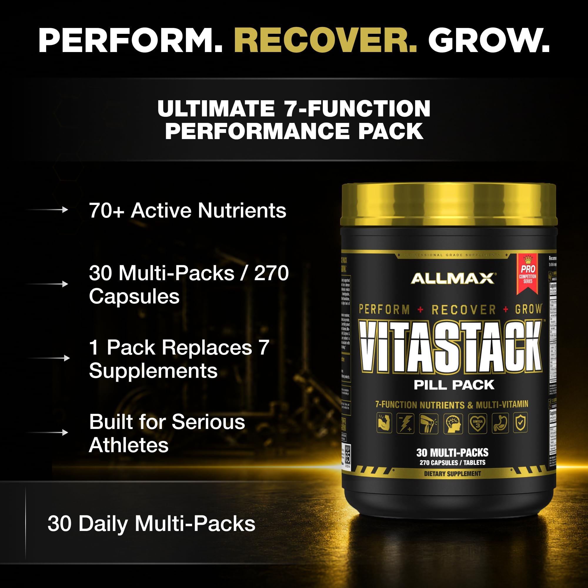 ALLMAX VITASTACK Multivitamin Packs – 30 Daily Vitamin Packs, Multi Vitamin Mineral Supplement with Omega-3, BCAAs & Enzymes – Energy, Performance & Recovery, 30 Servings