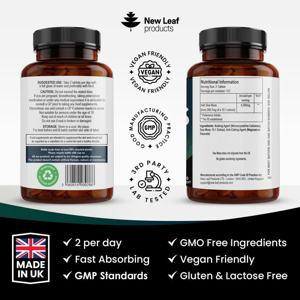 New Leaf Products Sea Moss Tablets Extract High Strength 4000mg - Sea Moss Supplement 365 Tablets (not sea Moss Capsule) High Potency - UK Made - Vegan - Non GMO