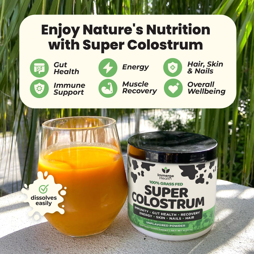 Immerge Health Super Colostrum Capsules - 120 Count High IgG Bovine Supplement for Gut Health, Hair Growth, Bloating & Immunity - 100% Grass Fed First Milking, Tasteless & Travel Friendly, USA Made