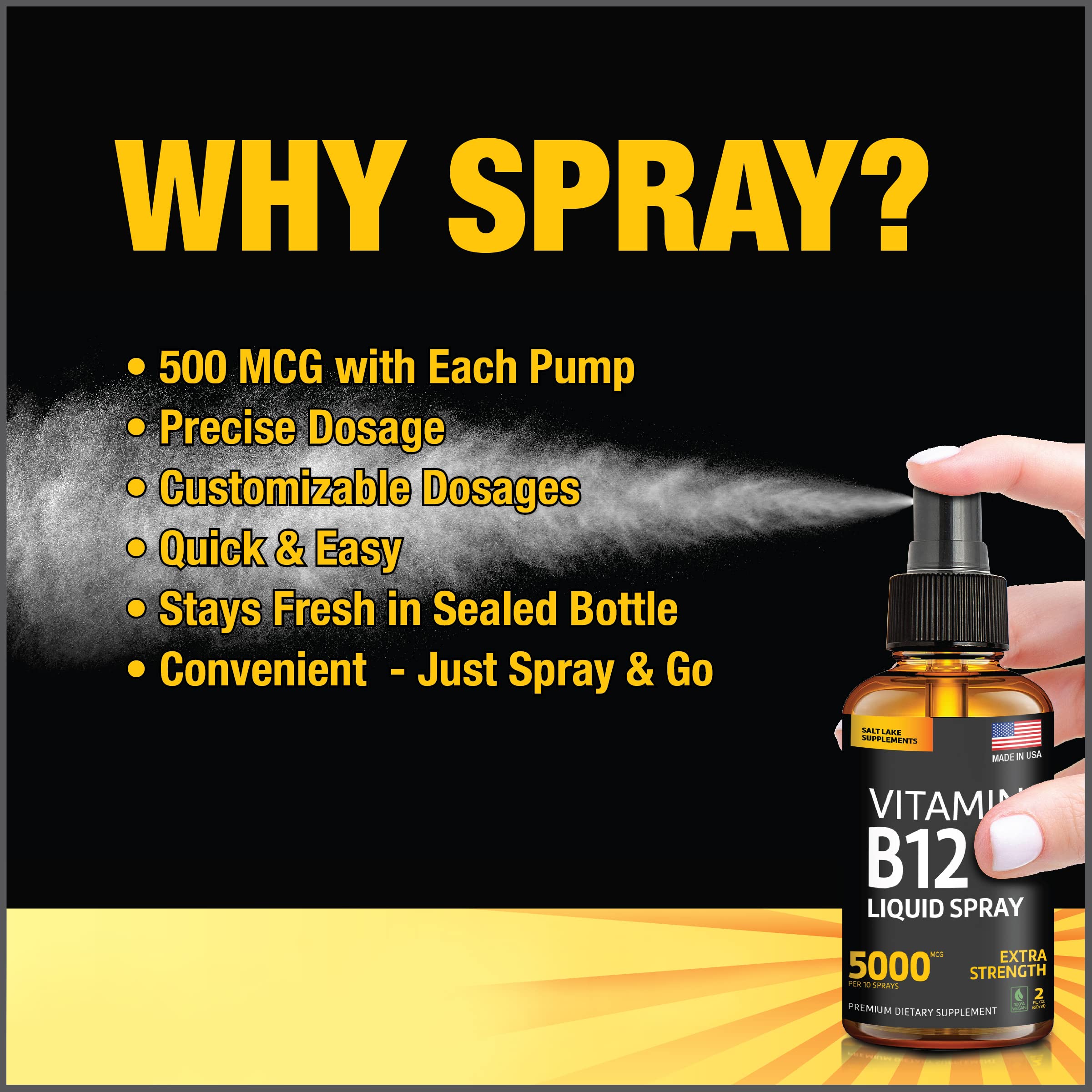 (2 Pack) - Liquid B12 Spray 5000 mcg - Vitamin B12 Sublingual - Vegan B12 Vitamin Spray - Methylcobalamin Vitamin B12 Liquid Boosts Energy & Mood - Gluten-Free & Non-GMO (5000 mcg in 10 Sprays)