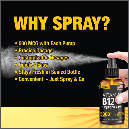 (2 Pack) - Liquid B12 Spray 5000 mcg - Vitamin B12 Sublingual - Vegan B12 Vitamin Spray - Methylcobalamin Vitamin B12 Liquid Boosts Energy & Mood - Gluten-Free & Non-GMO (5000 mcg in 10 Sprays)
