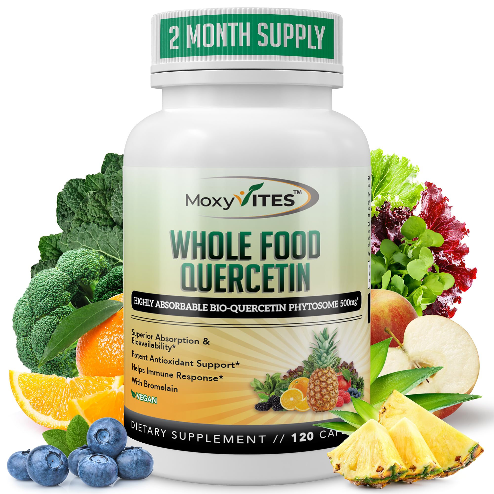 MoxyVites Quercetin with Bromelain 500mg Supplement - Bioactive Phytosome Complex, Pure Organic Whole Food Seasonal Support, Antioxidant, 20X Absorption & Bioavailability-120 Caps