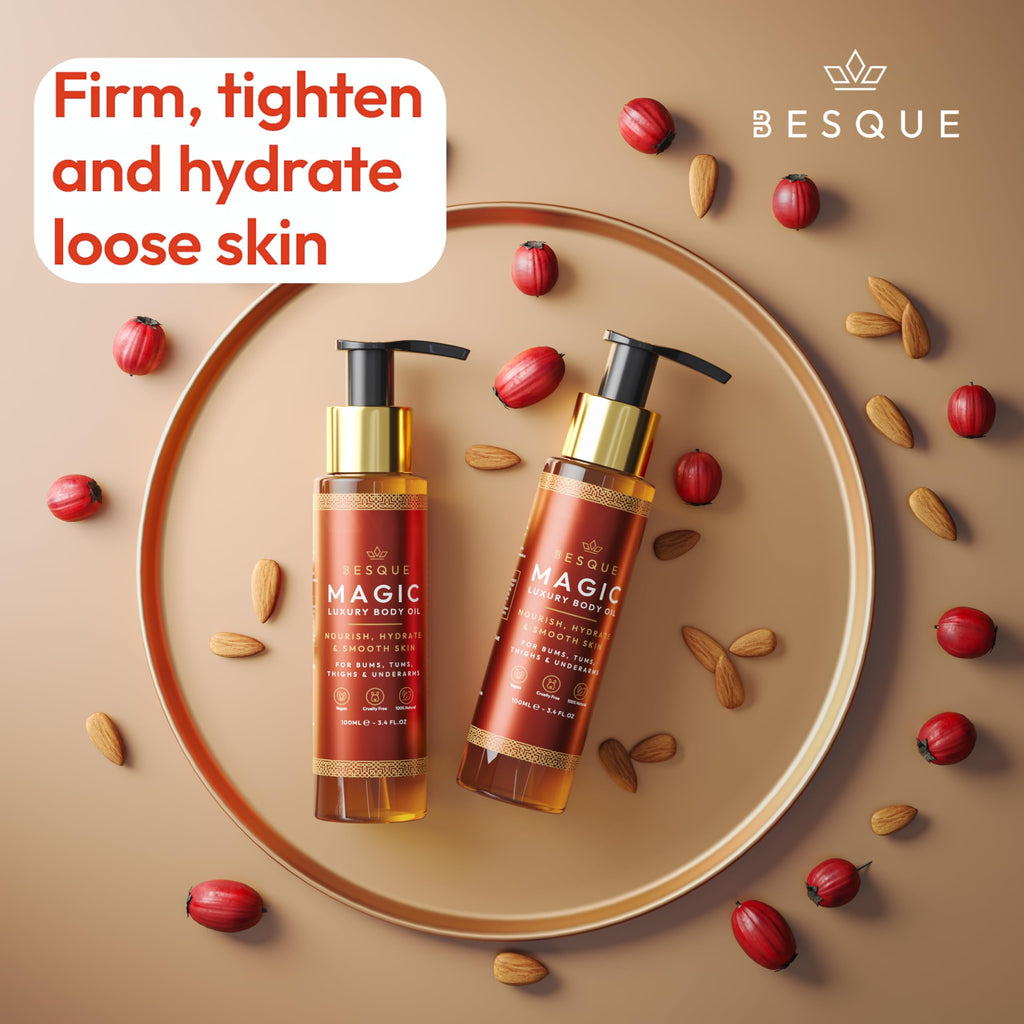 Besque Original Magic Body Oil, 3.4 FL OZ, After Shower Body Oil For Women, Hydrating Skin Care For Full Body That Plumps, Tightens, & Firms Skin With Natural Ingredients, Made In UK - Pack of 1