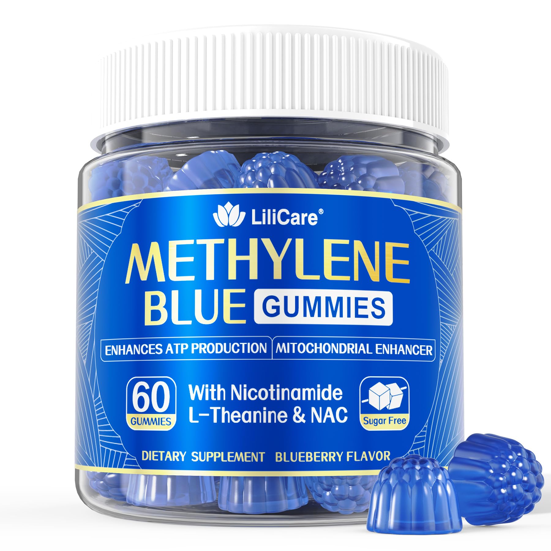 Methylene Blue Gummies for Humans 7mg Per Serving with NAC, Vitamin B3 & L-Theanine, for Cognitive Support & Focus, Energy, High Purity, Vegan, Sugar-Free, 60 Counts
