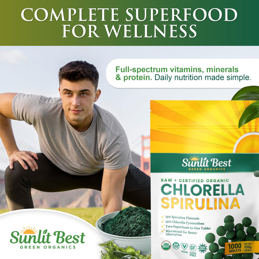 Sunlit Best Chlorella Spirulina Tablets - Organic USDA, Premium Spirulina and Chlorella Tablets 1000 Count - Sun Chlorella Pure Natural Superfood with Algae, Enzymes Chlorophyll & Vegan Protein