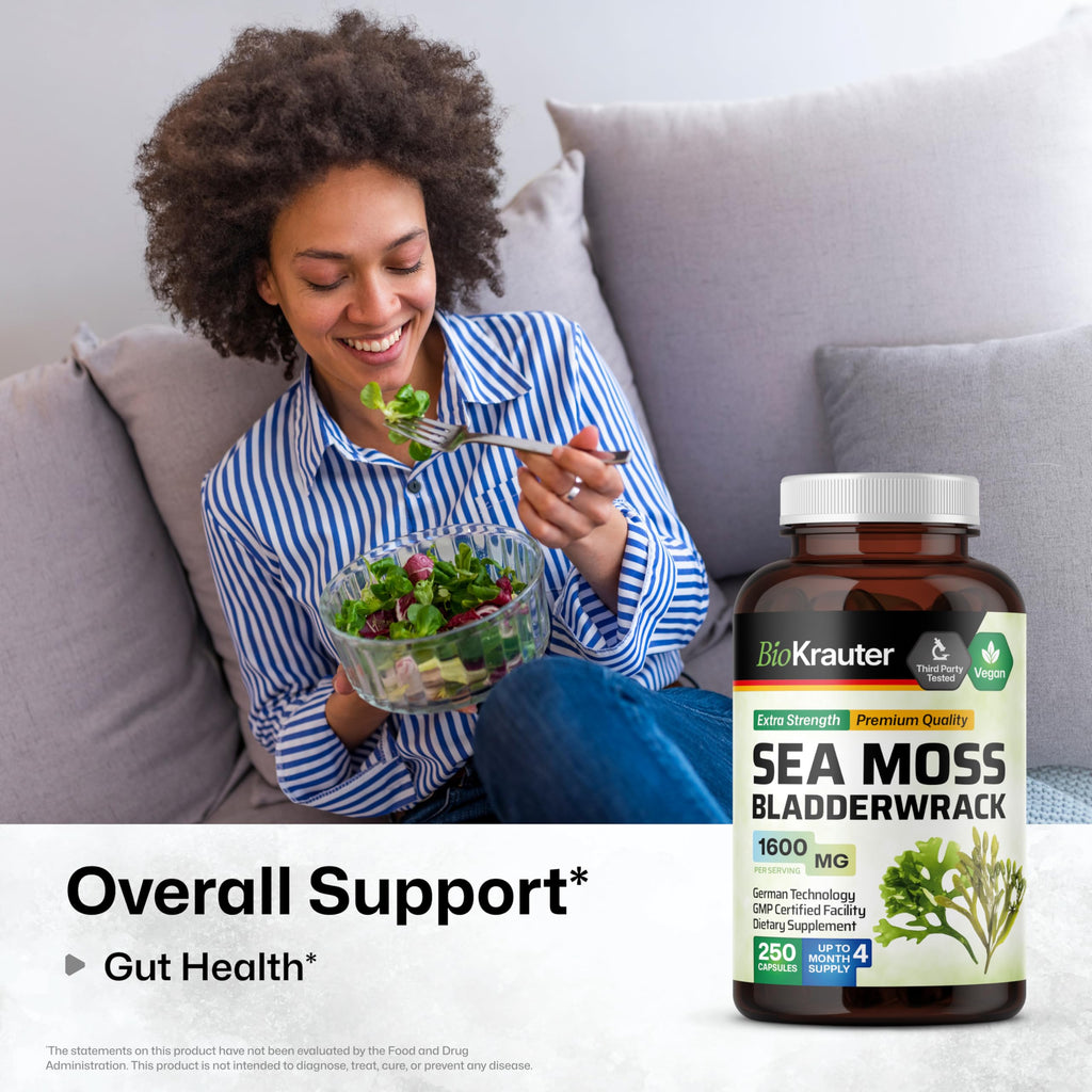 BIO KRAUTER® 2-in-1 Sea Moss for Overall Support - Vegan Bladderwrack & Sea Moss Capsules for Women & Men - Natural Сhondrus Сrispus Seaweed Supplement 1600 mg - 125 Days of Supply, Non-GMO