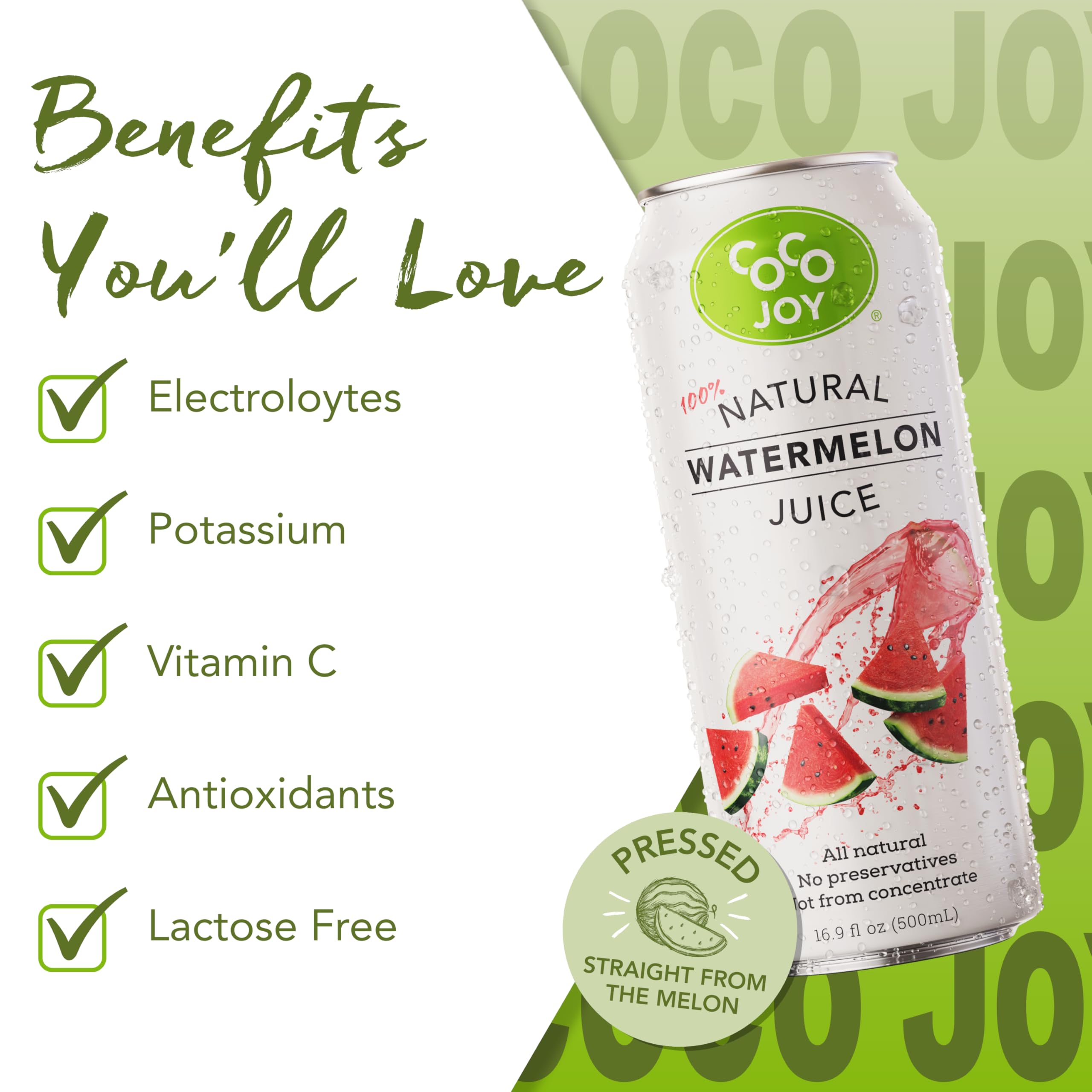 CoCo Joy 100% Natural Watermelon Juice, (12-Pack) Low-Calorie Watermelon Drink