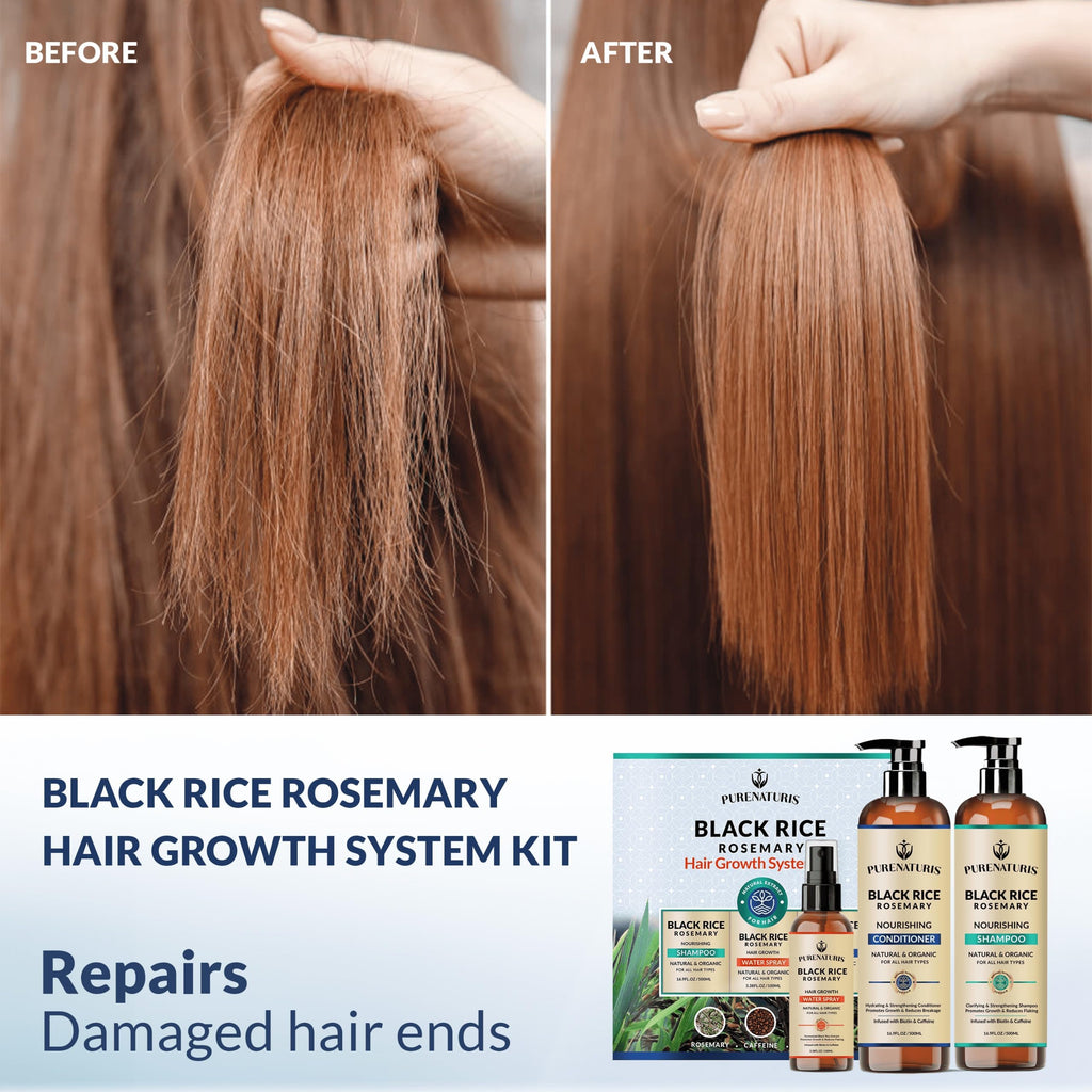 PureNaturis Organic Rosemary Black Rice Water Shampoo Conditioner Set for Hair Growth, Rice Water Spray, w/Rosemary Water, Biotin, Caffeine, Routine Shampoo for Women Men Hair Loss Thickening, Longer