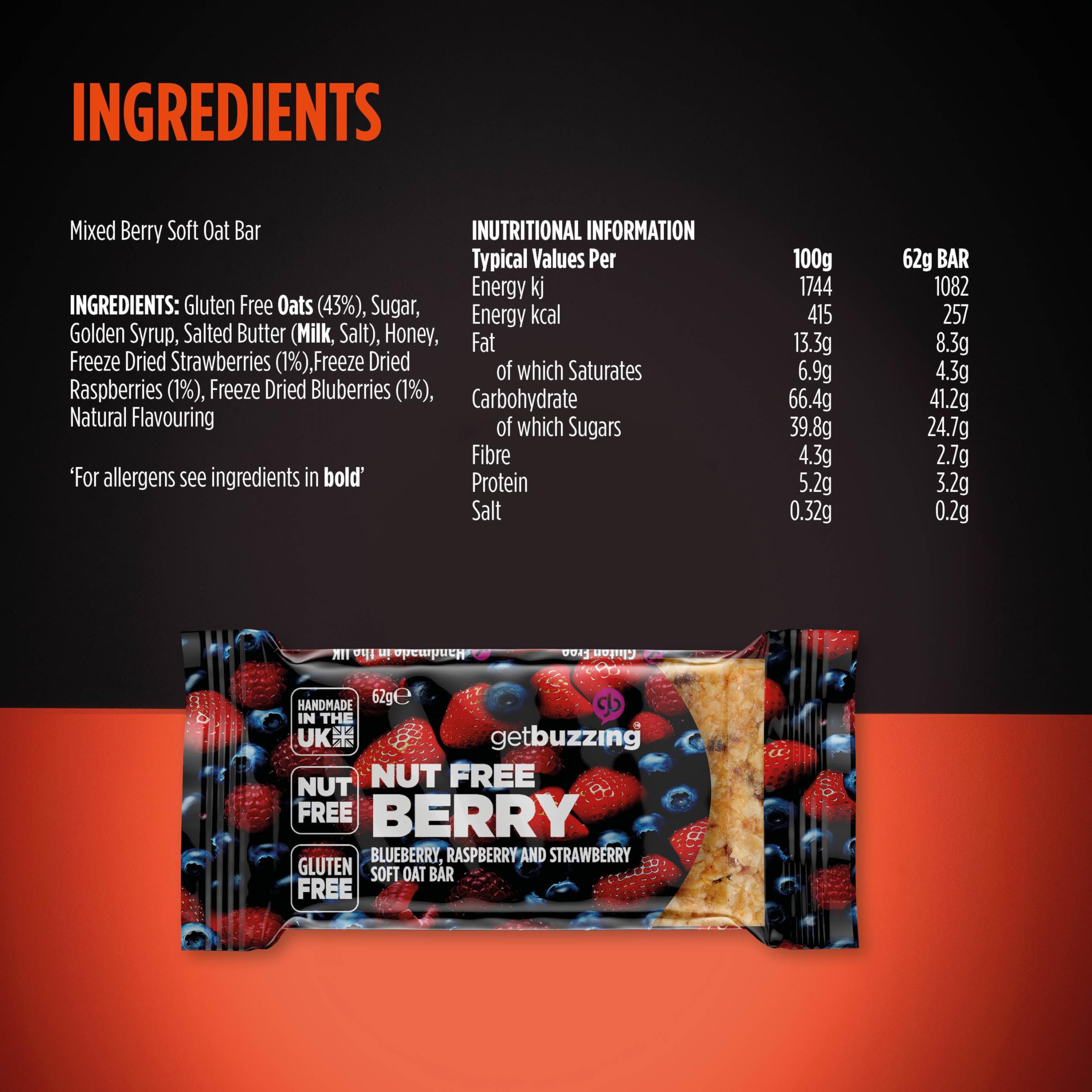 Get Buzzing Flapjacks Packs of 3 (3 Pack, Berry) - Gluten and Nute free, 62 gram bars x 3, Made in the UK