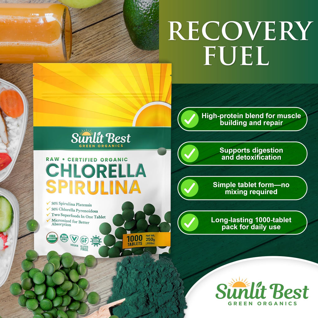 Sunlit Best Chlorella Spirulina Tablets - Organic USDA, Premium Spirulina and Chlorella Tablets 1000 Count - Sun Chlorella Pure Natural Superfood with Algae, Enzymes Chlorophyll & Vegan Protein