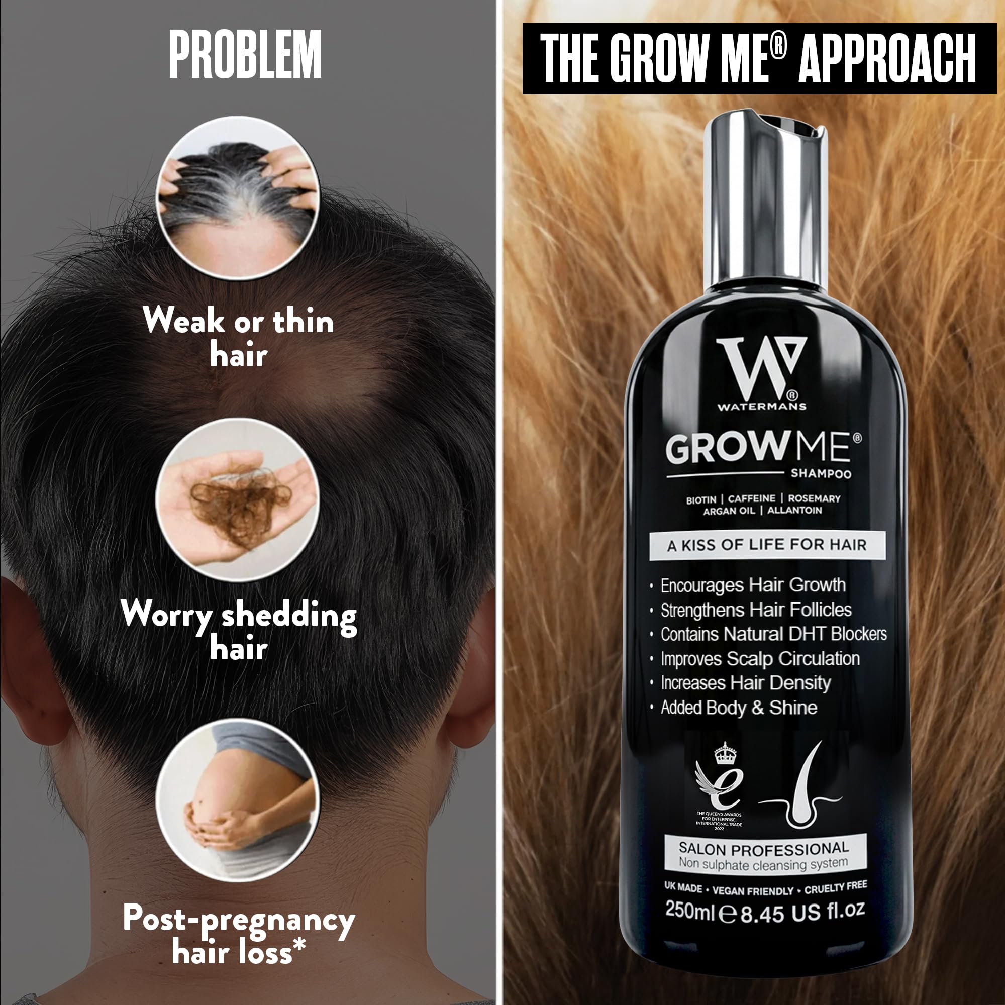 Watermans Grow Me Organic Hair Growth Shampoo for Men & Women – Strengthening & Moisturizing with Biotin, Rosemary, Caffeine & Argan Oil for Fuller, Thicker-Looking Hair (8.45 fl oz)