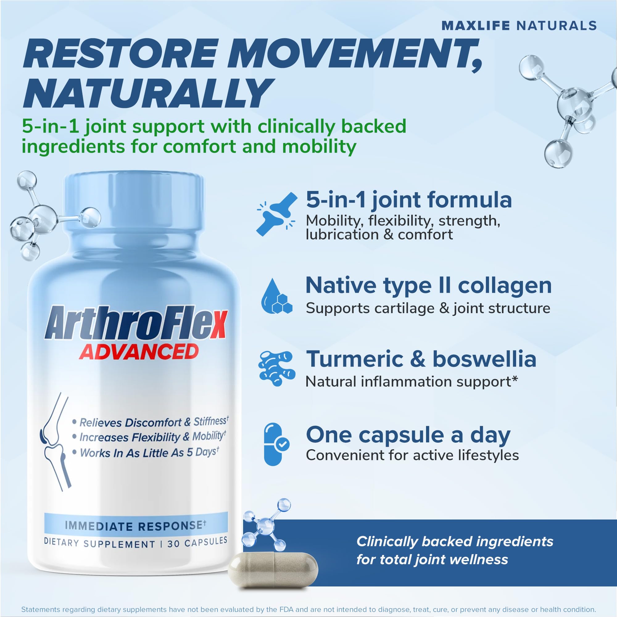 MAXLIFE NATURALS ArthroFlex Advanced Joint Support Supplement – 30 Capsules Made in USA, Type II Collagen Turmeric & Boswellia Joint Supplements for Men Women, Cartilage Flexibility & Mobility Support