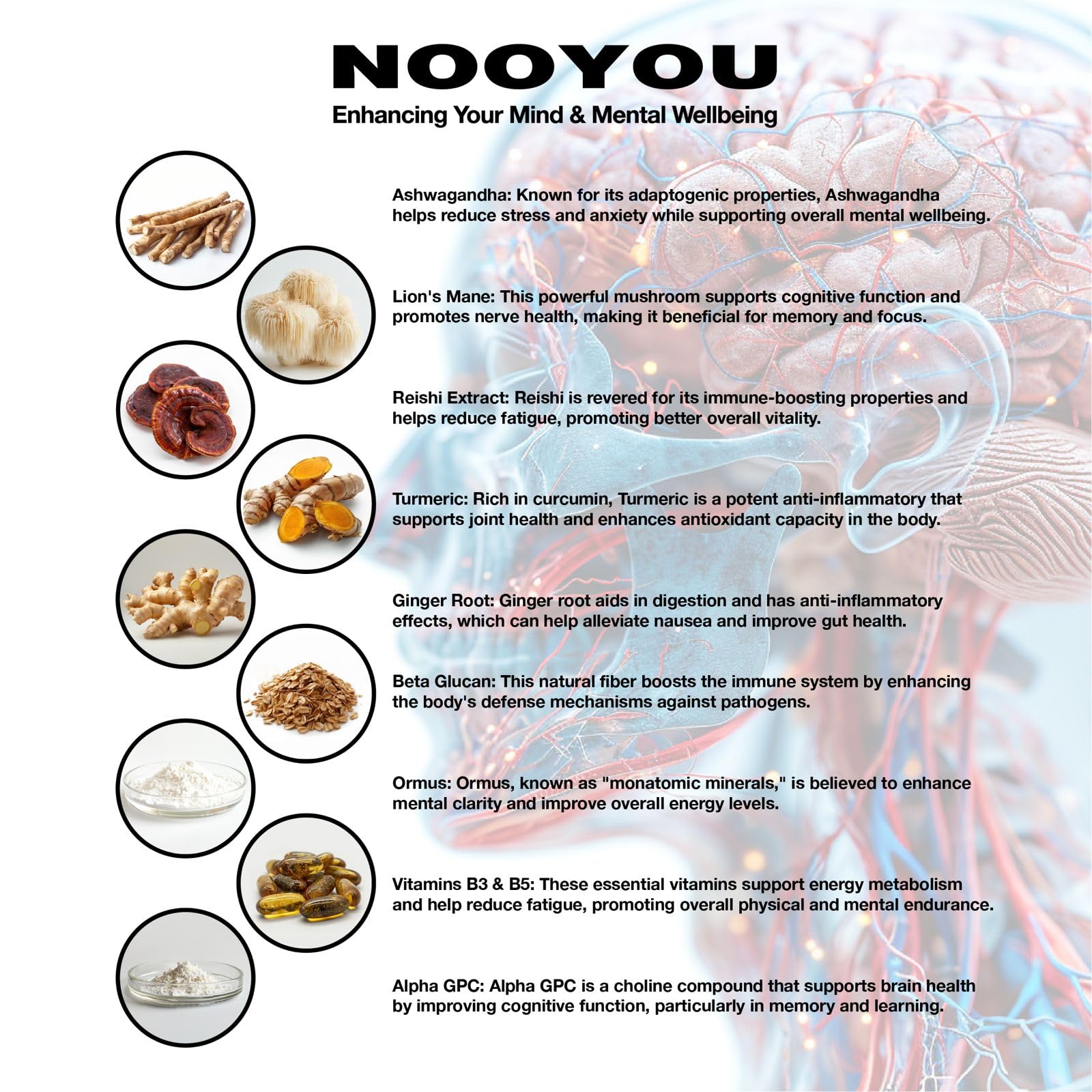 Lions Mane, Ashwagandha, Alpha GPC, Reishi, Ginger Root, 9 in 1, 1500mg Nootropic Brain Supplement Mushroom Complex Increase Energy, Focus, Memory & Wellbeing Formula, 60 Capsules 1500mg by NOOYOU