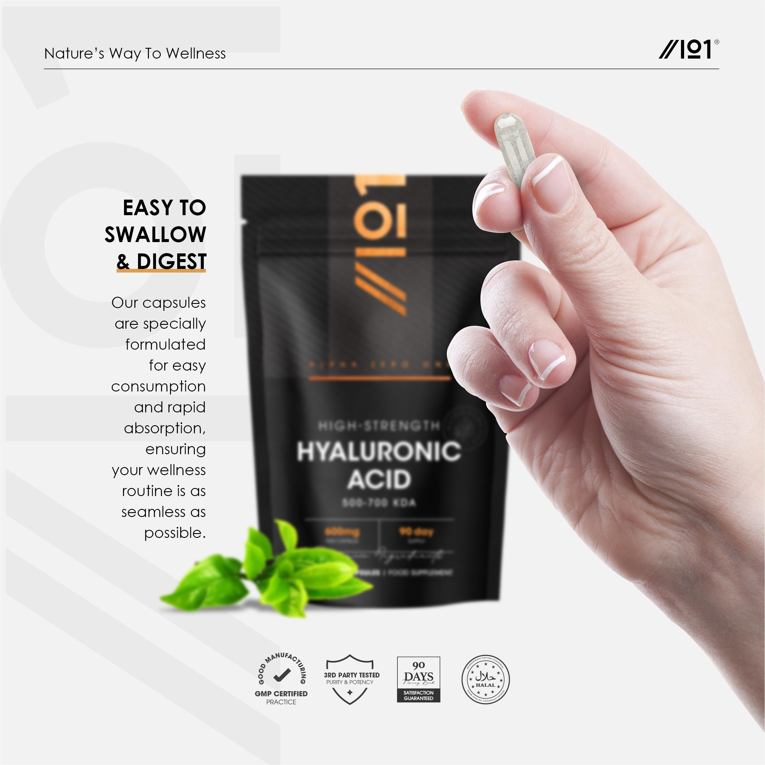 Hyaluronic Acid Supplement 600mg (500-700 KDA) - 90 Vegan Triple Strength Hyaluronic Acid Capsules - 3 Month Supply - Natural Skin, Hair & Joint Supplement for Women & Men - Superior Absorption