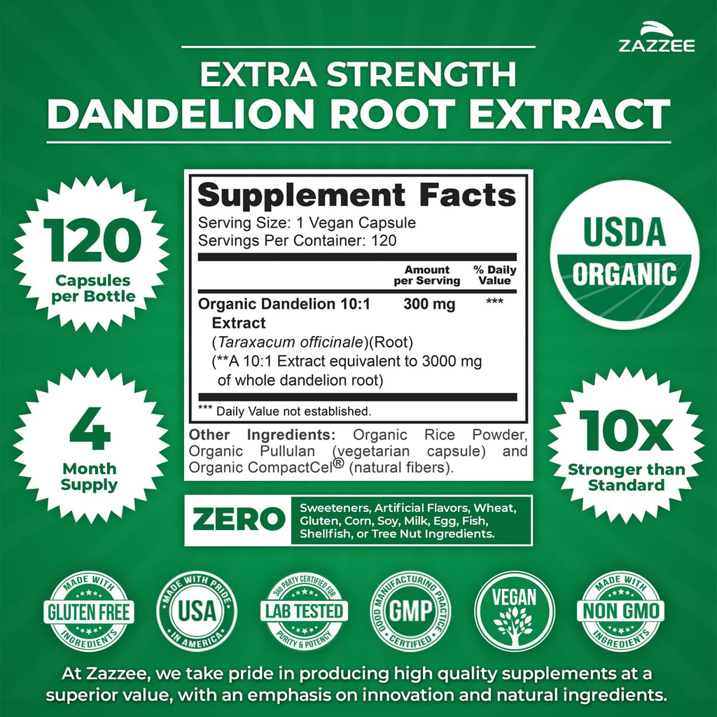 Zazzee USDA Organic Dandelion Root 10:1 Extract, 120 Capsules, 4 Month Supply, Liver & Detox Support, Taraxacum Officinale, Organic Herbal Supplement, All-Natural, Non-GMO, Made in the USA
