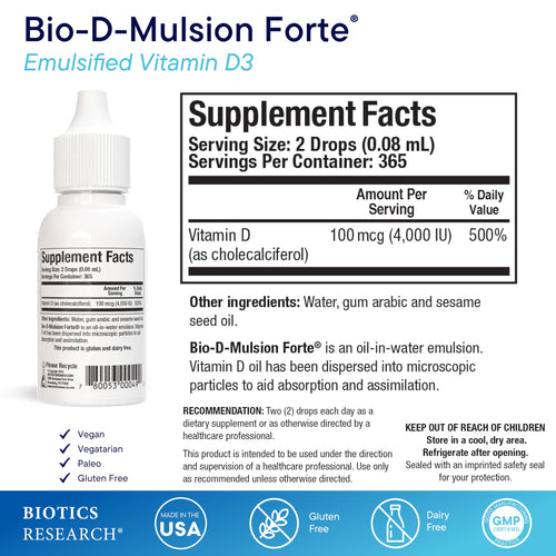 BIOTICS RESEARCH Bio-D-Mulsion Forte Liquid Vitamin D Drops 4000 IU – Vitamin D3 2000iu /Drop for Adults –Best Absorption, Strengthens Bones, Supports Cardiovascular & Immune System -1 fl oz