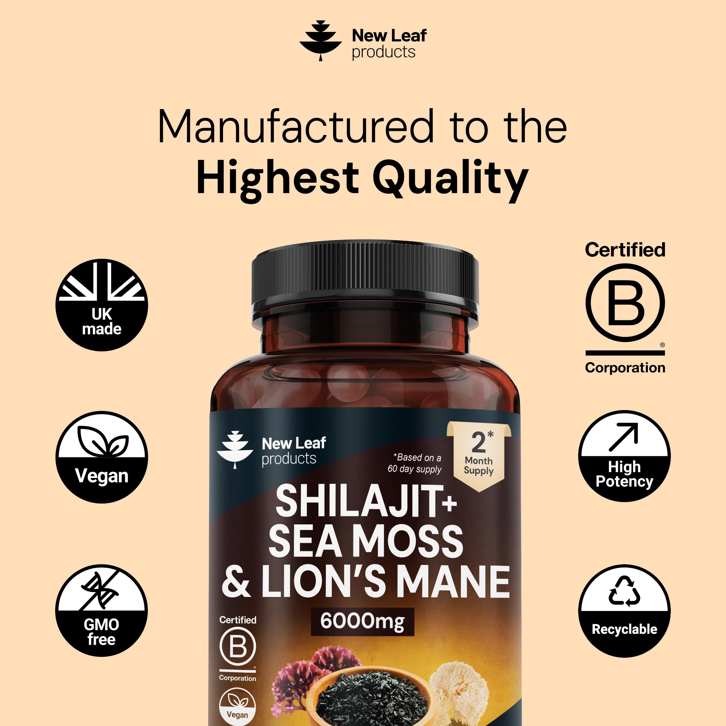 Shilajit Seamoss and Lions Mane Capsules 6000mg - High Strength Complex - 60% Fulvic Acid Shilajit, Irish Sea Moss, Lions Mane 100% Fruiting Body - Vegan, UK Made 120 Capsules