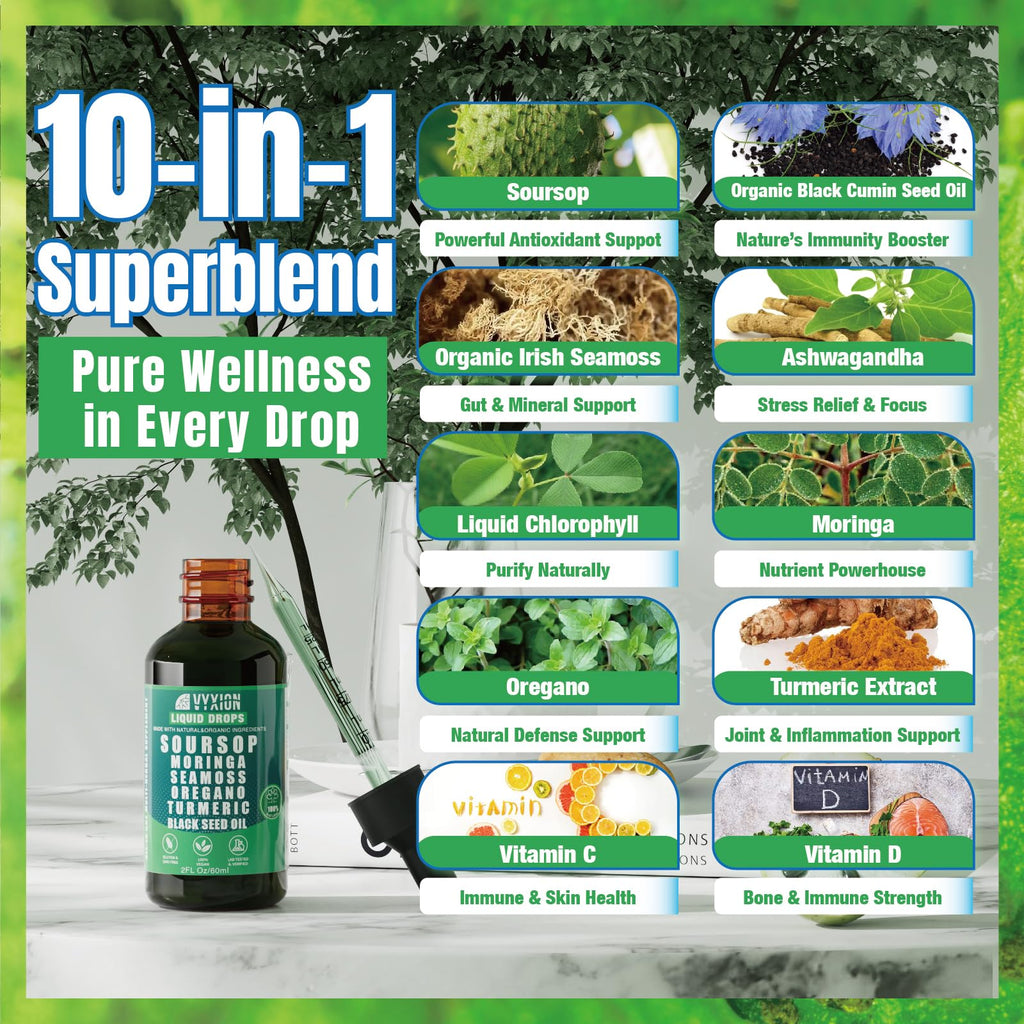 Soursop Pure Liquid Drops 10 in 1 with Sea Moss, Moringa, Turmeric, Black Seed Oil, Oregano, Ashwagandha | Herbal extracts for Overall Health | Vegan, Non-GMO | 4 Fl Oz