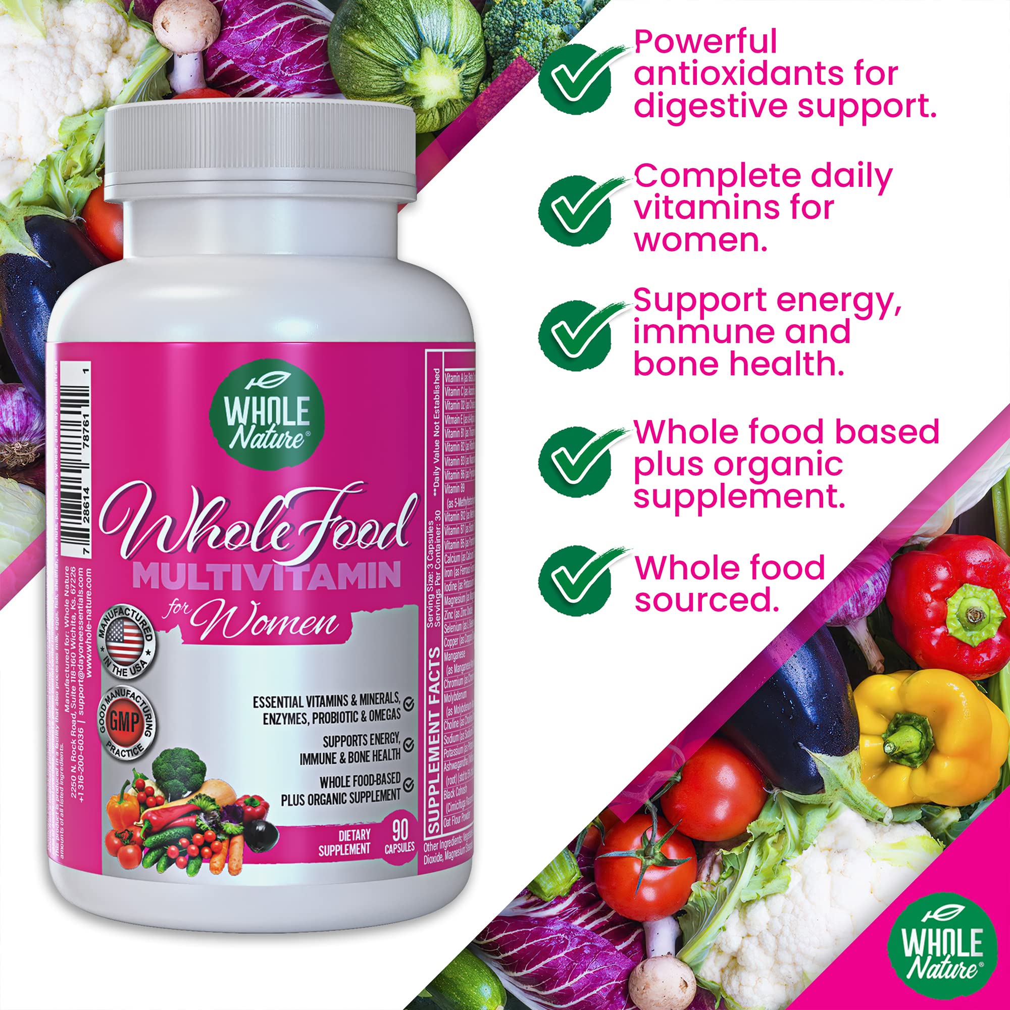 Whole Nature Whole Food Multivitamin for Women Womens Multi Vitamin with Folate, B12 Methyl, Vitamins, Minerals, Probiotics and Omegas, Vegan, Non GMO- 90 Capsules (1) (1)
