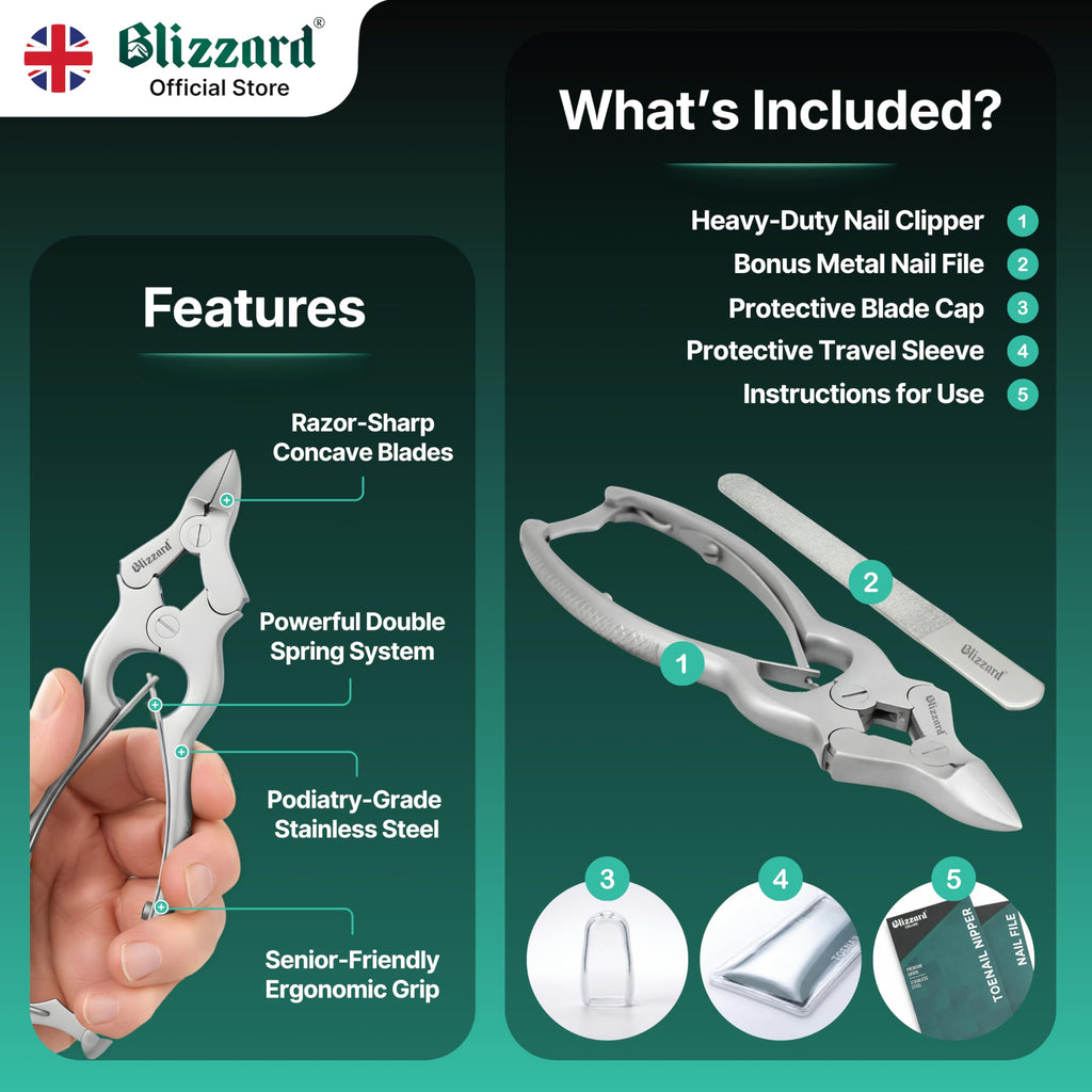 Blizzard Toe Nail Clippers for Thick Nails - Podiatrist Nail Nippers for Seniors - Heavy Duty Cantilever Toenail Clippers for Men - German Steel Podiatry Tool with Toenail File - 15cm Double Spring