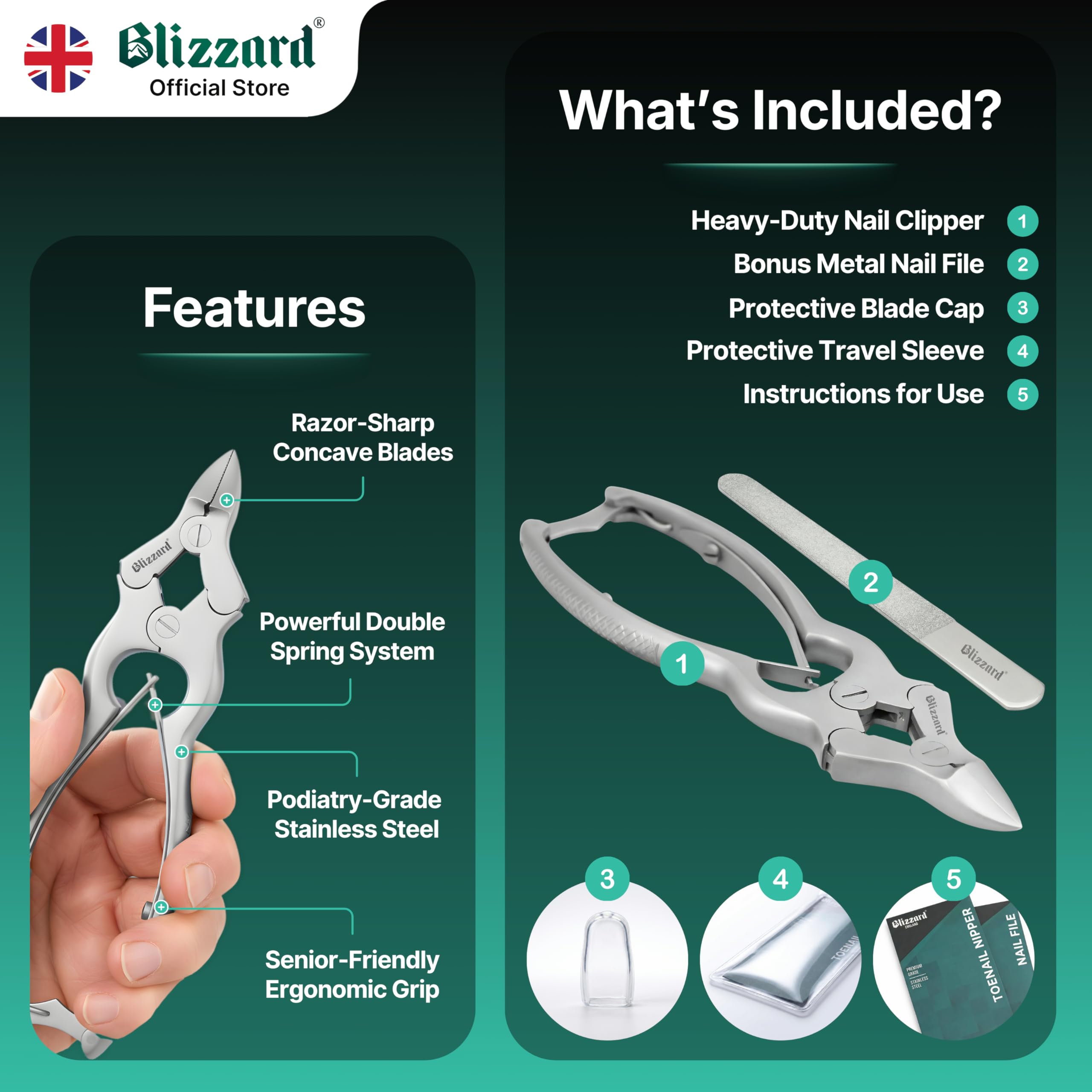 Blizzard Toe Nail Clippers for Thick Nails - Podiatrist Nail Nippers for Seniors - Heavy Duty Cantilever Toenail Clippers for Men - German Steel Podiatry Tool with Toenail File - 15cm Double Spring