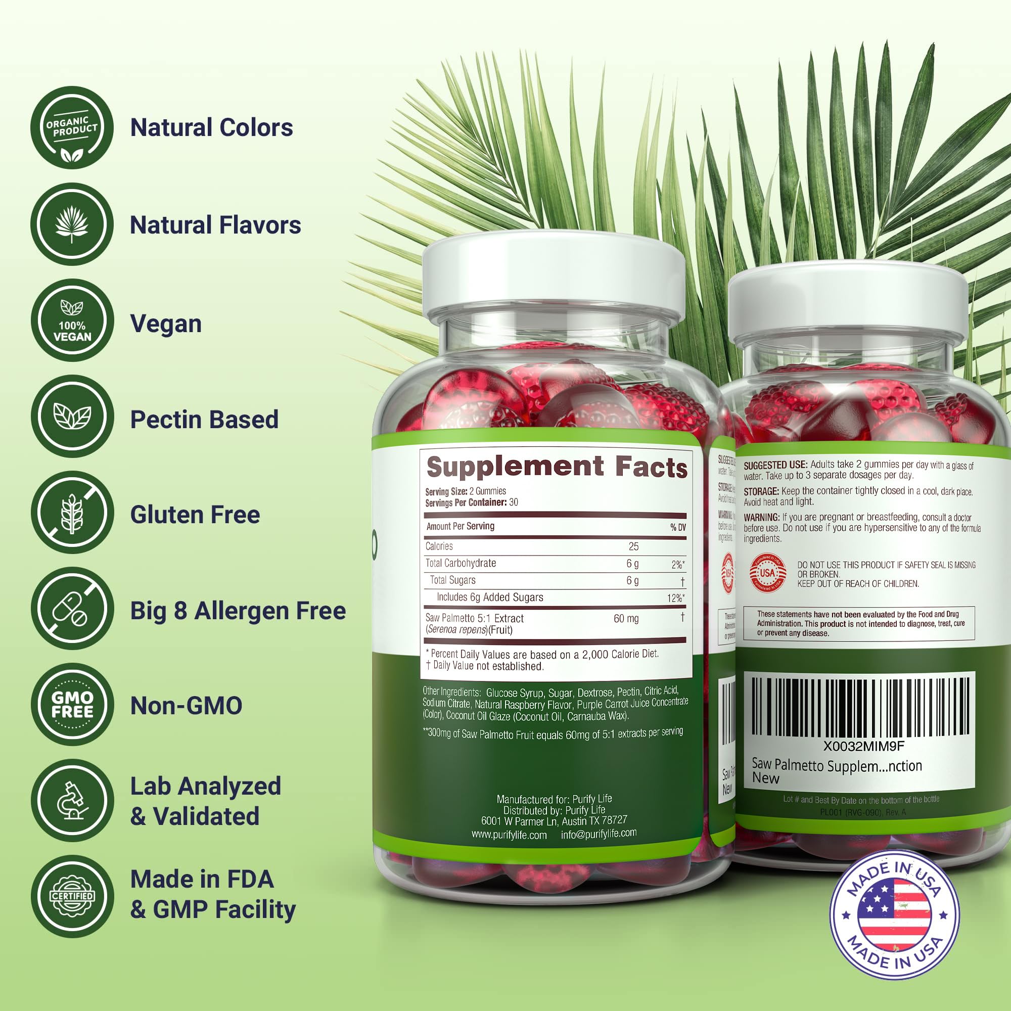 Purify Life Saw Palmetto Gummies for Men & Women - Saw Palmetto Extract Supplement for Hair Growth, Hormone Balance & Prostate Health - Vegan, Pectin Formula, Non-GMO, Gluten Free - 60ct