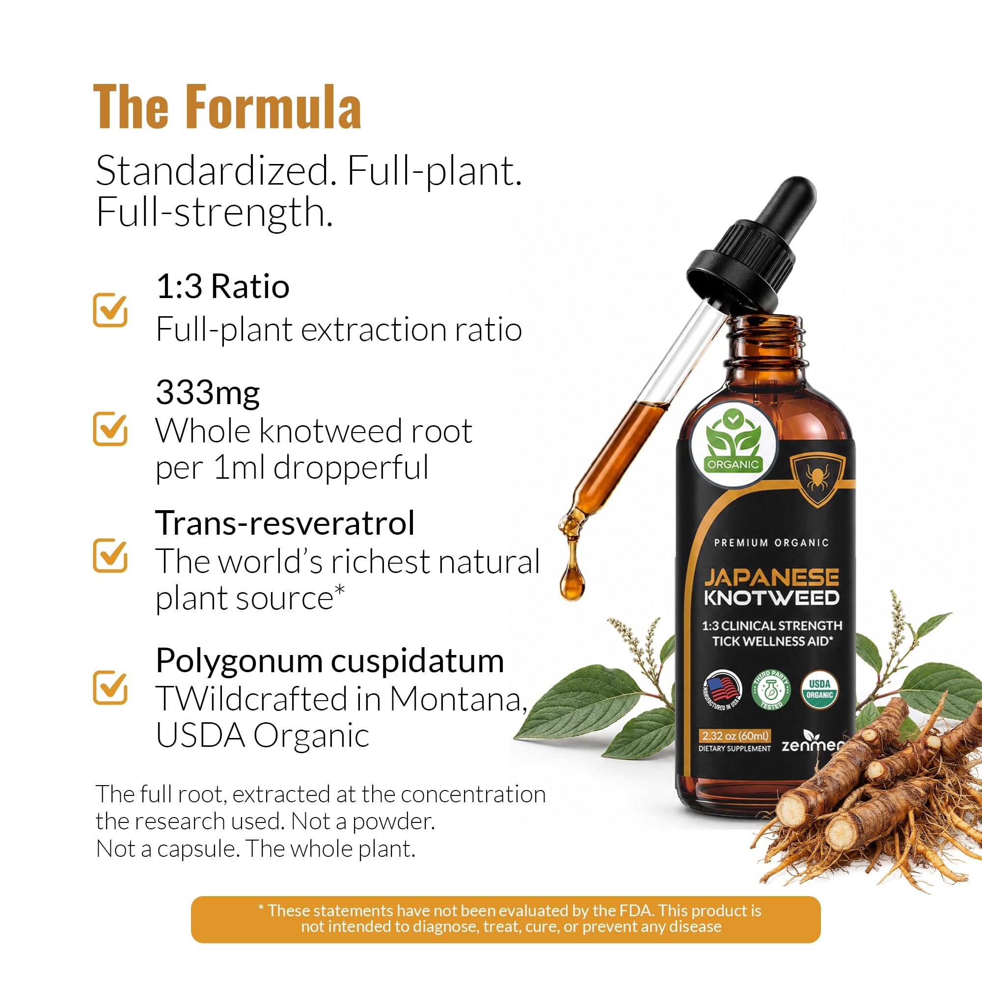 Zenmen Japanese Knotweed Premium Resveratrol USDA 3rd Party Tested Tincture 60ml/2.32 Oz - 1:3 Clinical Strength Ratio - Tick Wellness Aid and Immune Support Supplement - Made in The USA
