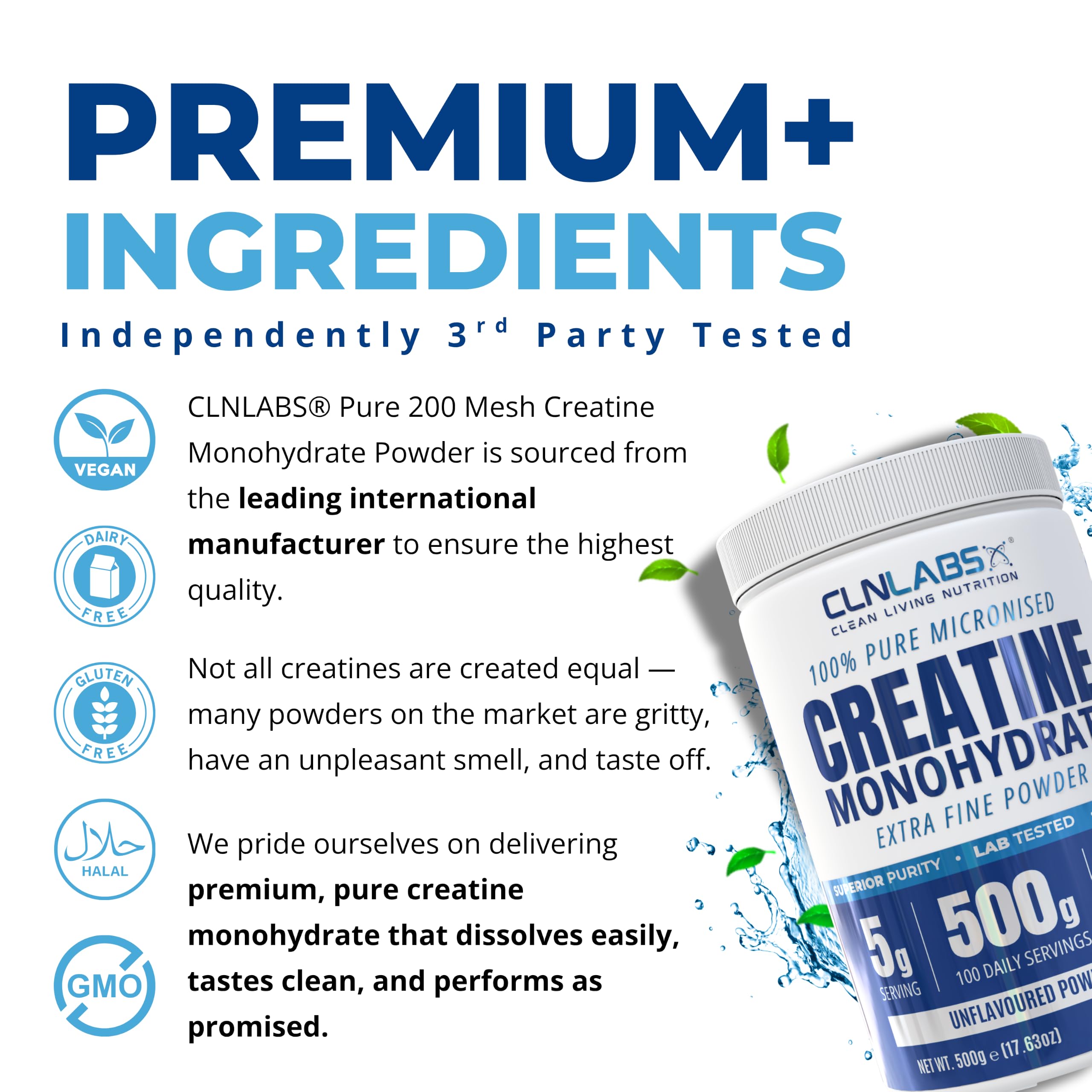 Creatine Monohydrate Powder - 500g Tub (200 Mesh) | Fine Grade, Pure & Mixes Easily | Includes Scoop | Unflavoured | Made in The UK By CLN Labs