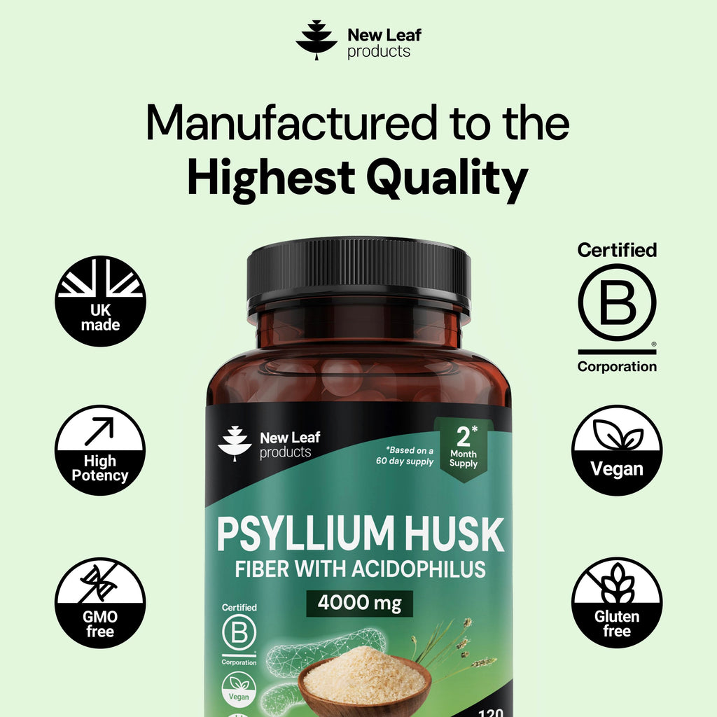 Psyllium Husk Capsules Enriched With Probiotics Fibre Supplement High Absorbency Strength Contributes Towards Gut And Digestive Health from Plantago Ovata Seeds, Ispaghula Husk, Gluten-Free Made in UK