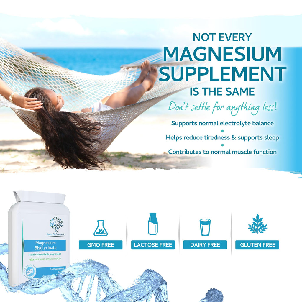 Magnesium Bisglycinate (Glycinate) 500mg - 90 Highly Bioavailable, Maximum Absorption Capsules for Better Sleep, Muscle and Nerve Support Vegan & UK Made