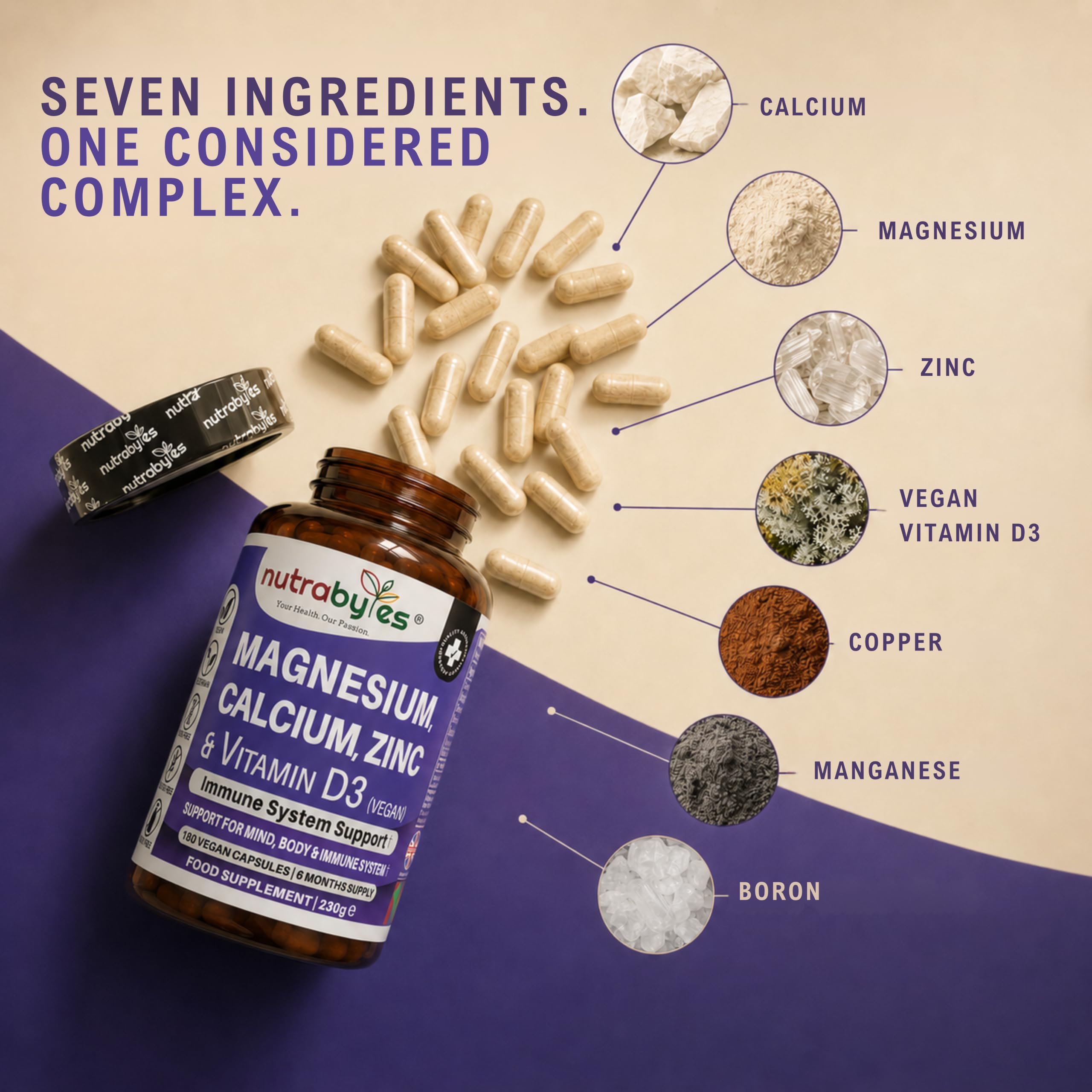 Magnesium, Calcium, Zinc, Vitamin D3 | 180 Vegan Capsules | Made in UK