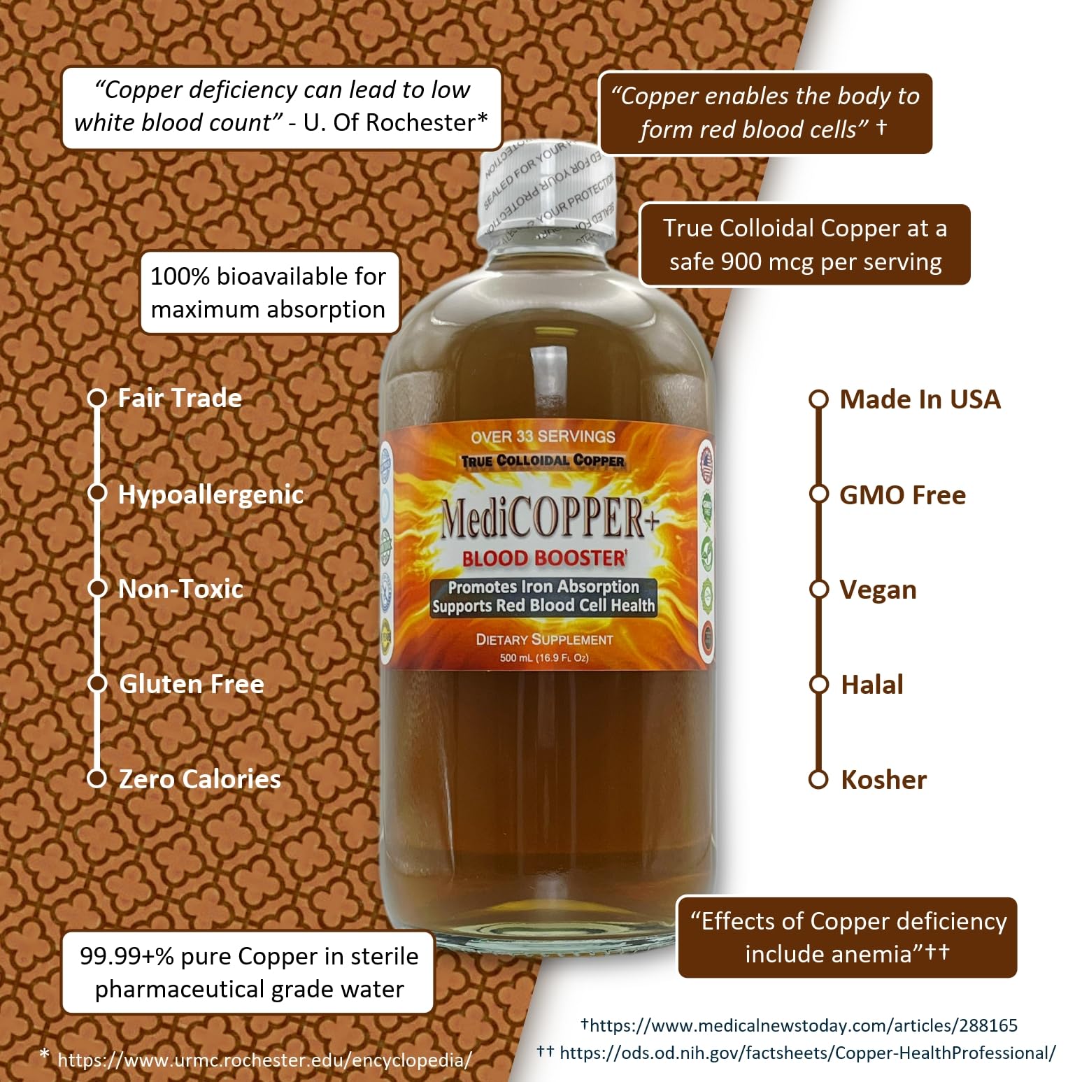 MediCOPPER® Plus Blood Booster True Colloidal Copper CuNP Nutritional Supplement - 500 mL in Clear Glass Bottle