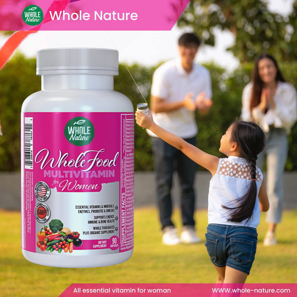 Whole Nature Whole Food Multivitamin for Women Womens Multi Vitamin with Folate, B12 Methyl, Vitamins, Minerals, Probiotics and Omegas, Vegan, Non GMO- 90 Capsules (1) (1)