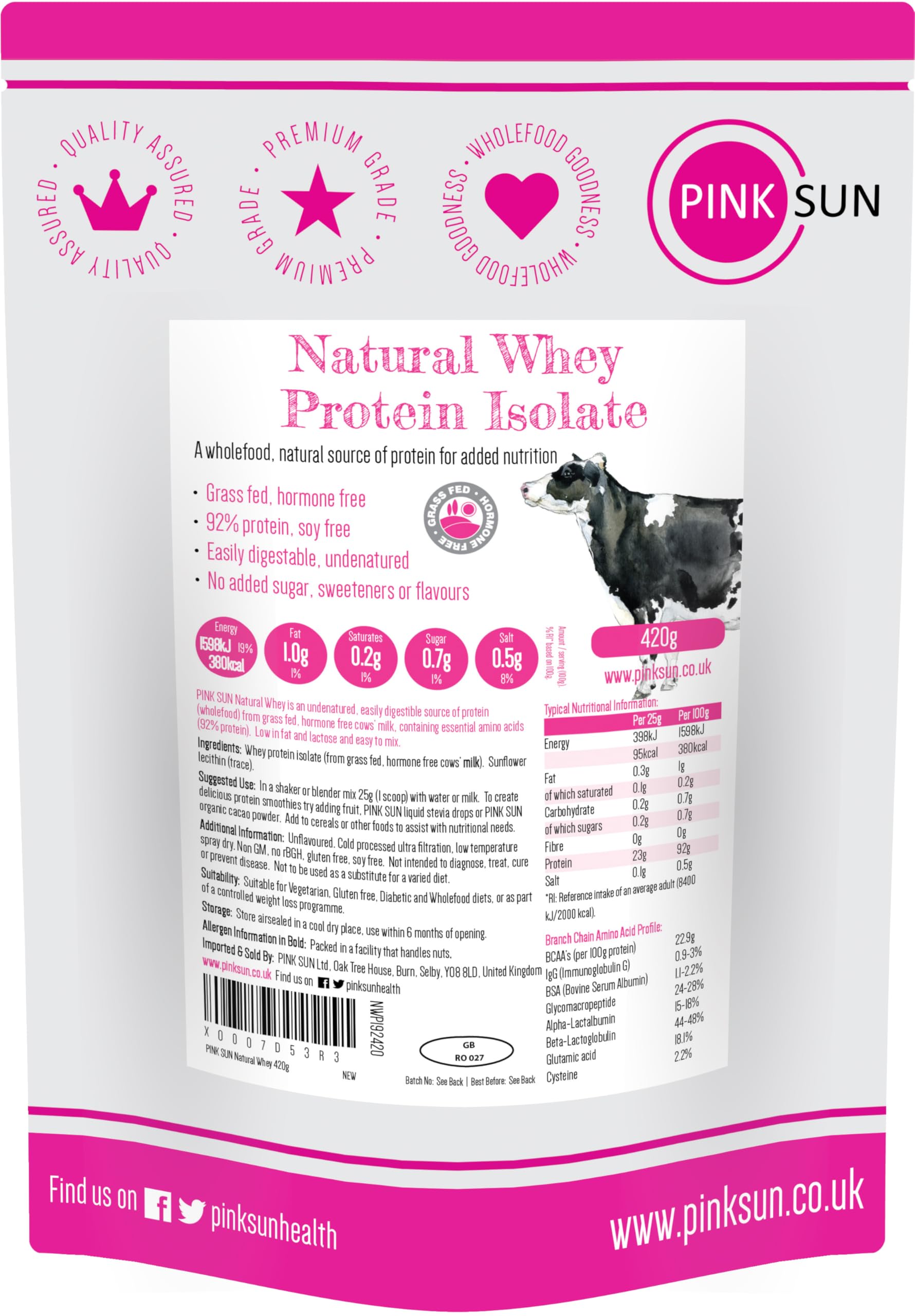 PINK SUN Whey Protein Isolate Powder Unflavoured 420g (92% Protein) Soy Free Grass Fed Gluten Free Vegetarian Undenatured Non GM Unsweetened Natural Whey UK