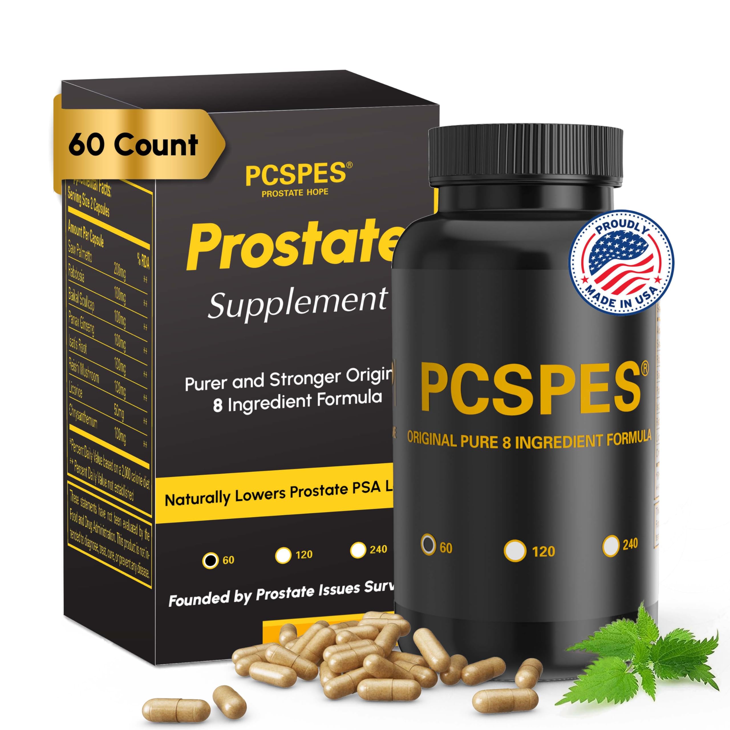 PCSPES - Prostate Supplements for Men - Lower PSA Levels Naturally with Saw Palmetto & 7 Pure Herbs - Bladder Control Supplements & Reduce Nighttime Urination 60 Count