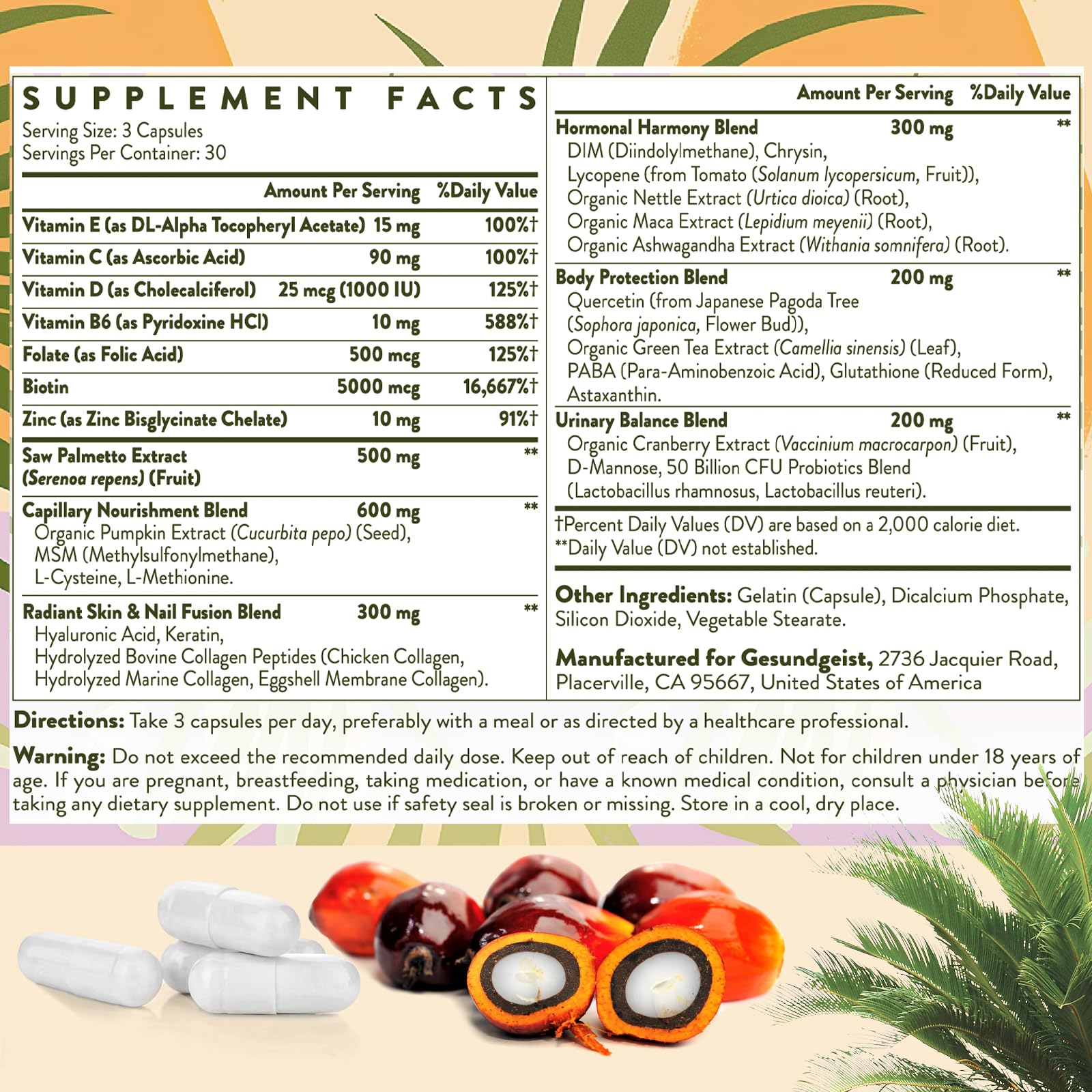 Gesundgeist Saw Palmetto for Women Hair Loss - DHT Blocker with 5-in-1 Blend for Hair Growth, Skin & Nails, Urinary Wellness - Extra Strength Saw Palmetto Supplement - 180 Capsules
