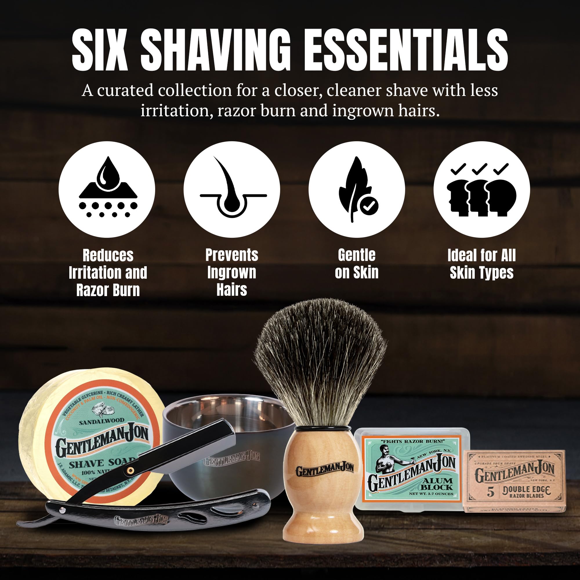 Gentleman Jon Straight Razor Shaving Kit - Vintage Wet Shave Grooming Set, Includes Straight Edge Razors for Men, Badger Hair Shaving Brush, Alum Block, Shave Soap, Bowl & Double Edge Safety Blades