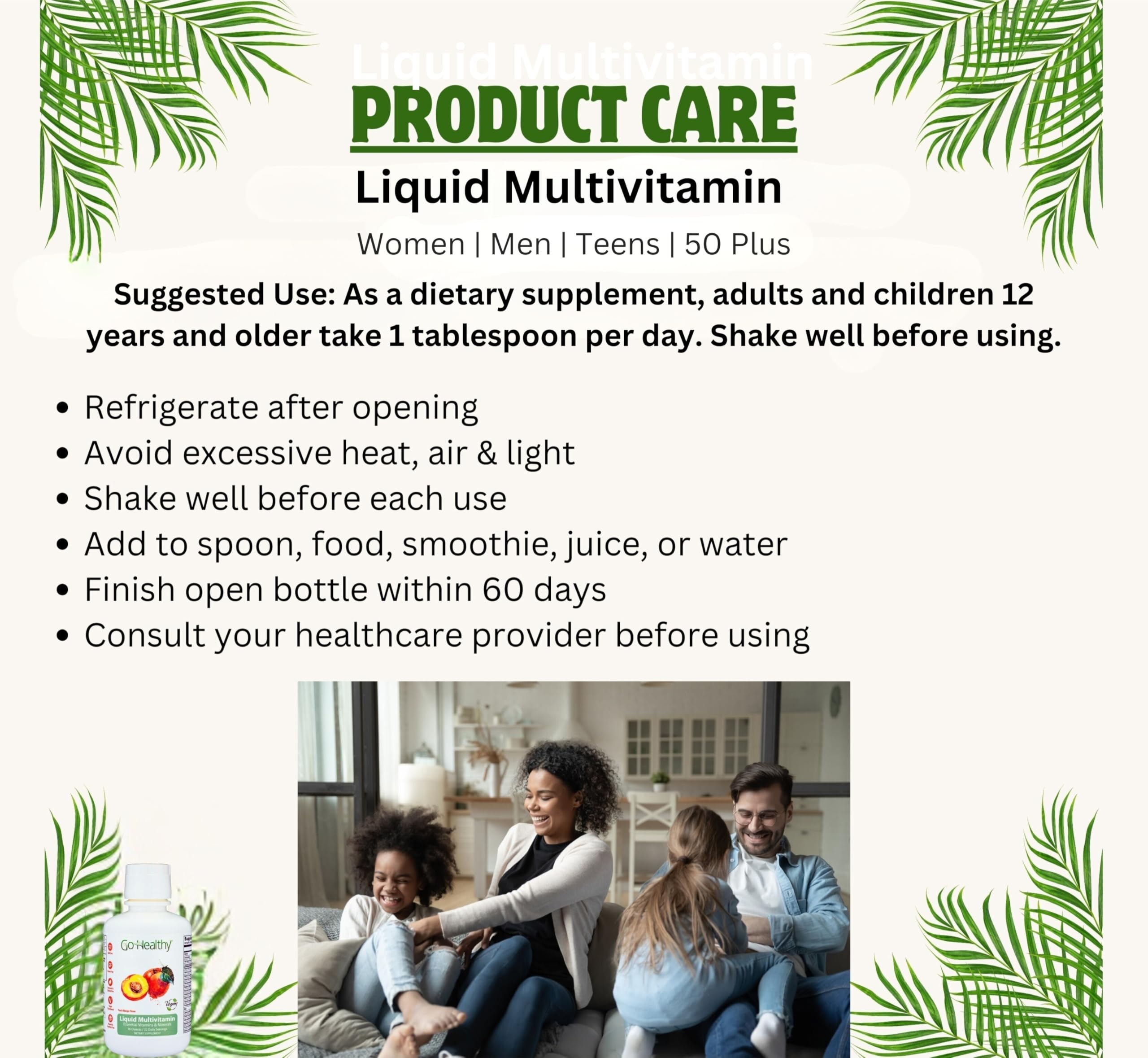 Go Healthy Liquid Multivitamin for Women, Men, Teens | Vegan Vitamin & Mineral Supplement | High Absorption | Premium Liquid Formula | Immune Support | Peach Mango Flavor | 32 Servings