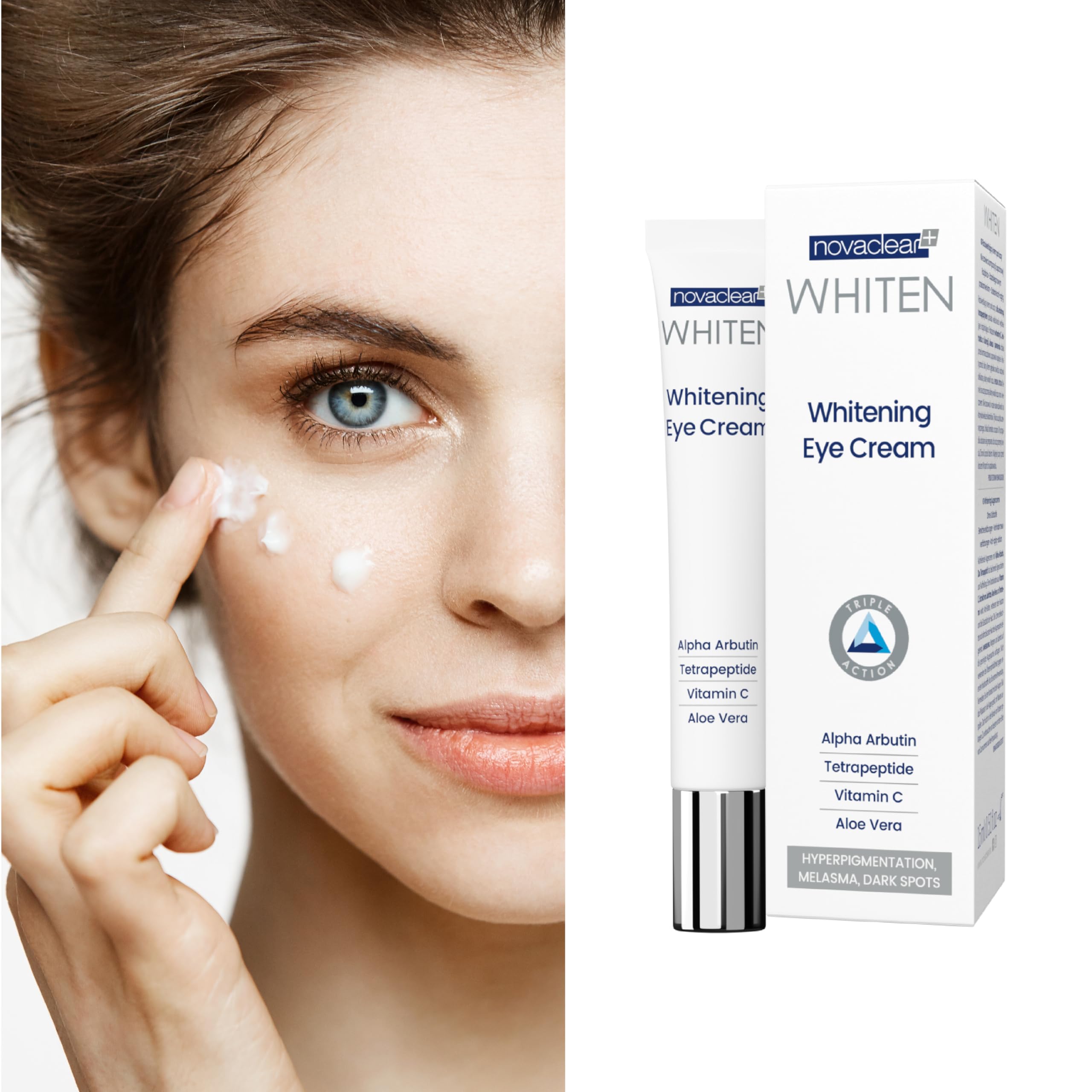 Novaclear Whitening Eye Cream – Eye Treatment with Alpha Arbutin, Tetrapeptide, Vitamin C & Aloe Vera for Dark Circles, Hyperpigmentation & Fine Lines – Brightening & Hydrating Eye Cream – 15 ML
