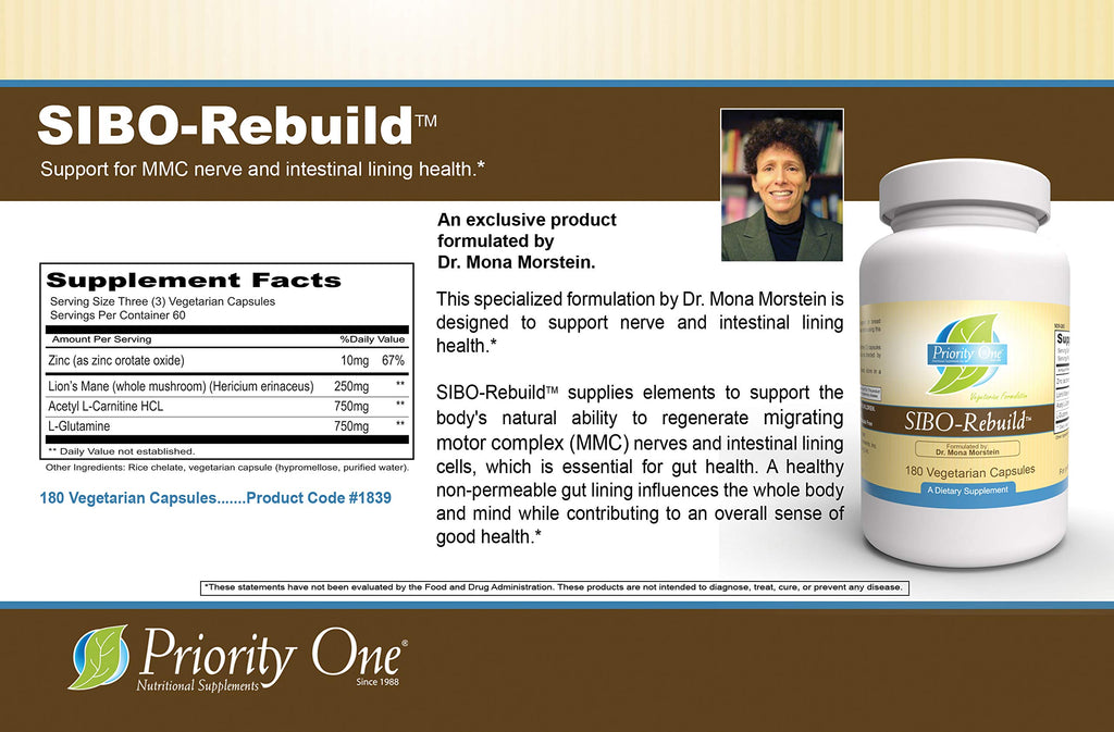 Priority One Vitamins SIBO-Rebuild 180 Vegetarian Capsules Support for Nerve and Intestinal Lining Health.* Exclusive Formulation by Dr. Mona Morstein Clinical Strength
