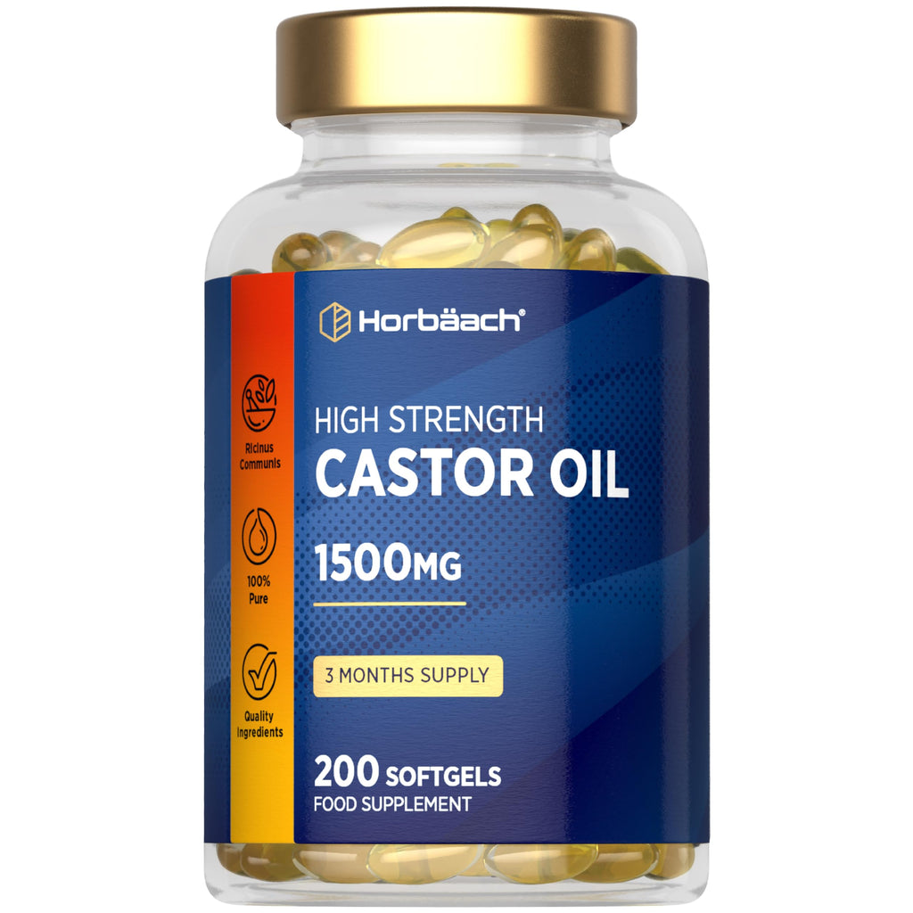 Castor Oil Capsules 1500mg | 200 Softgel Capsules | Digestive Health | Rich in Omega 6 & 9 | Pure Castor Oil Supplement | By Horbaach