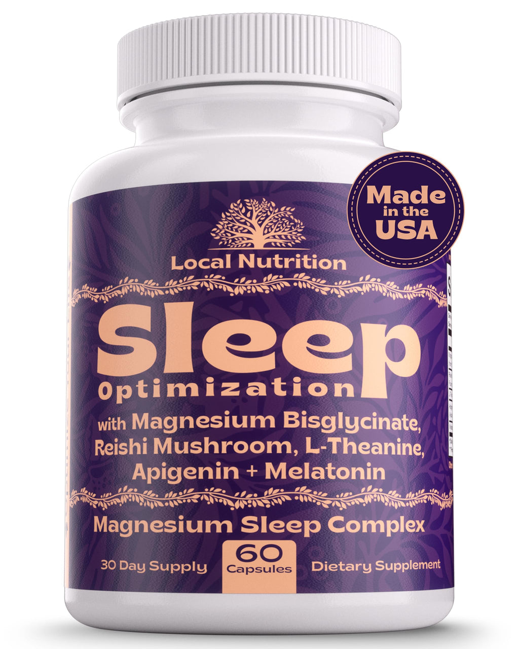 Local Nutrition Natural Sleep Aid with Magnesium Glycinate, Reishi Mushroom Extract, L-Theanine, Apigenin, and Melatonin - Sleep Supplement for Adults Seeking Deep Rest - 60 Capsules, Made in the USA